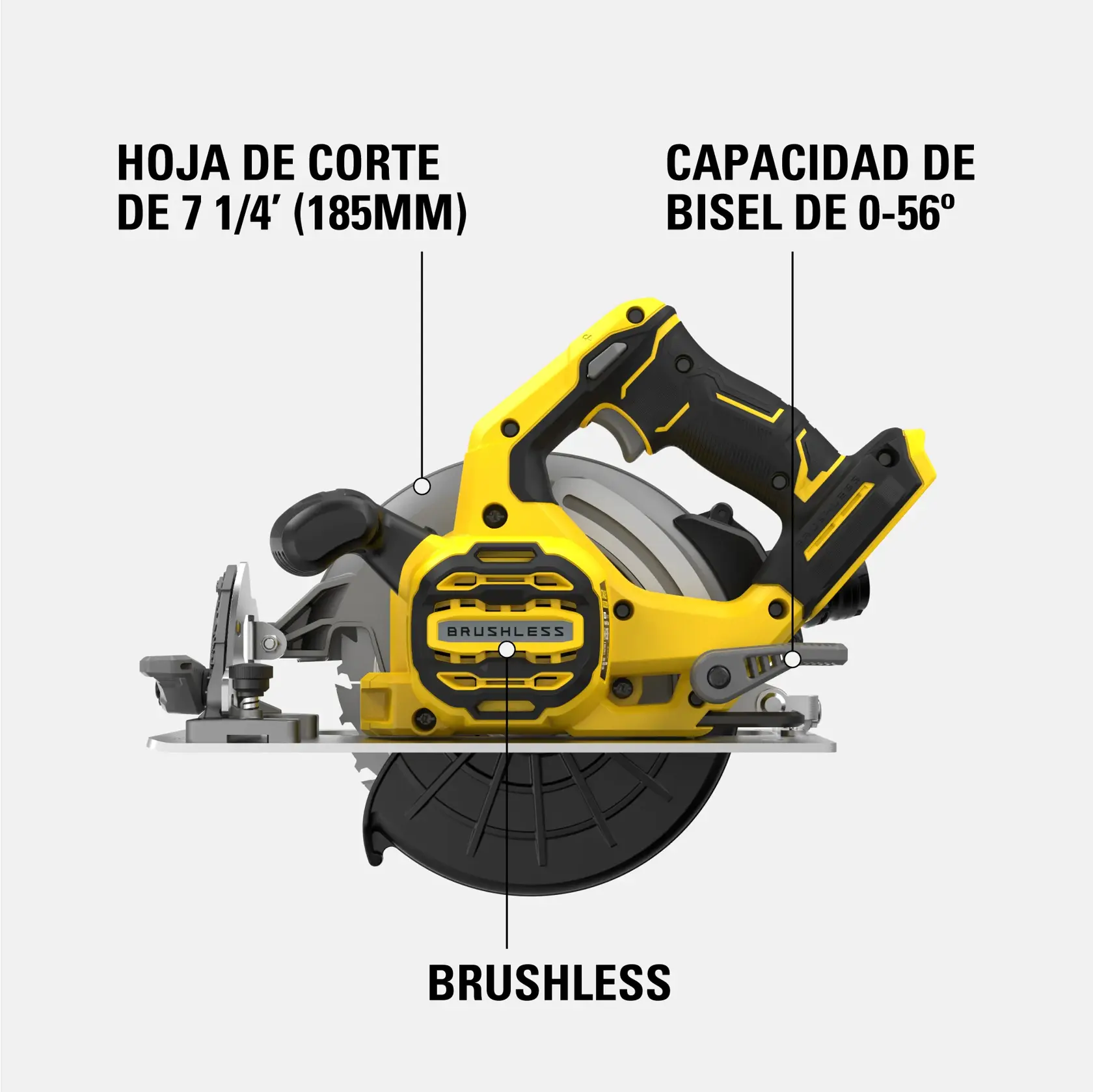 Vista lateral de una sierra circular sin escobillas STANLEY, modelo SBC550D2K. Se destacan las características principales: hoja de corte de 7 1/4 pulgadas (185 mm), capacidad de bisel de 0 a 56 grados, y una etiqueta que indica motor sin escobillas.