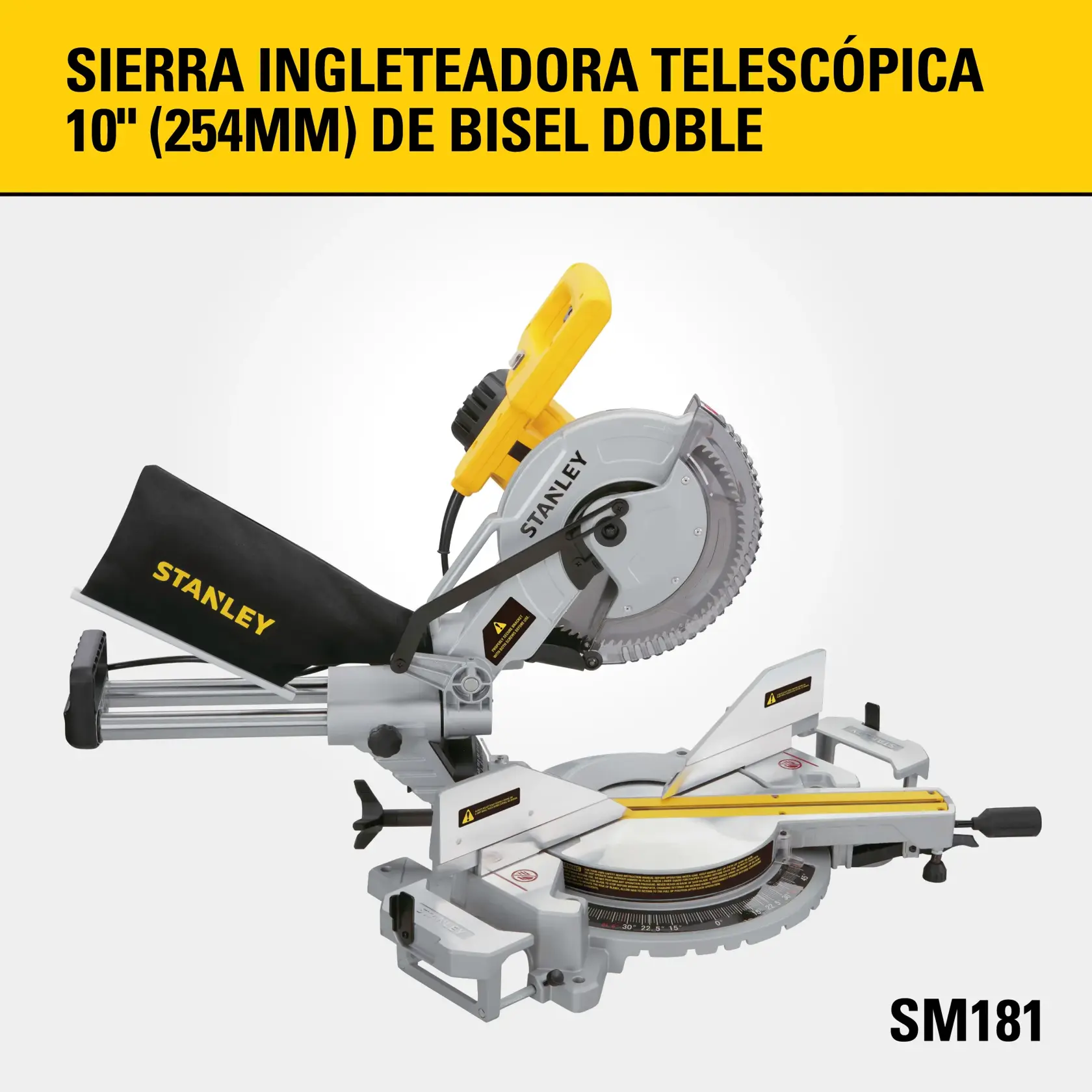 Sierra ingleteadora telescópica de doble bisel Stanley SM181, 10 pulgadas (254 mm), mostrada con bolsa para polvo. La sierra se muestra sobre un fondo blanco con información del producto arriba.