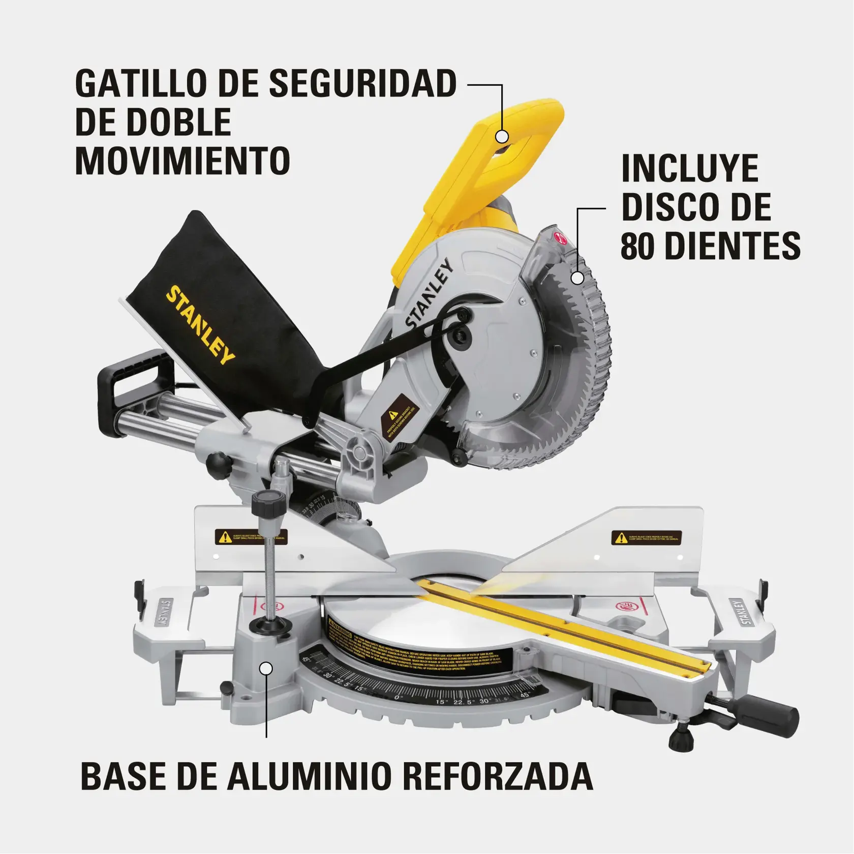 Sierra de inglete marca Stanley con base de aluminio reforzada, gatillo de seguridad de doble movimiento y disco de 80 dientes. La imagen muestra las características etiquetadas en español: gatillo de seguridad, disco incluido y base reforzada.
