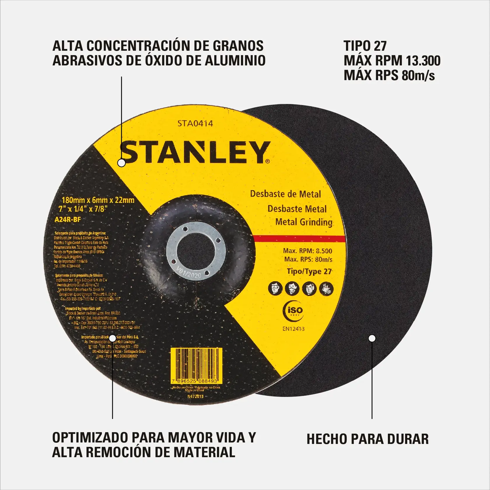 Disco de desbaste de metal Stanley STA0414 con granos abrasivos de óxido de aluminio. Presenta alta concentración de granos abrasivos, optimizado para mayor vida útil y alta remoción de material, tipo 27, RPM máximo 13,300, RPS máximo 80m/s, y construcción duradera.