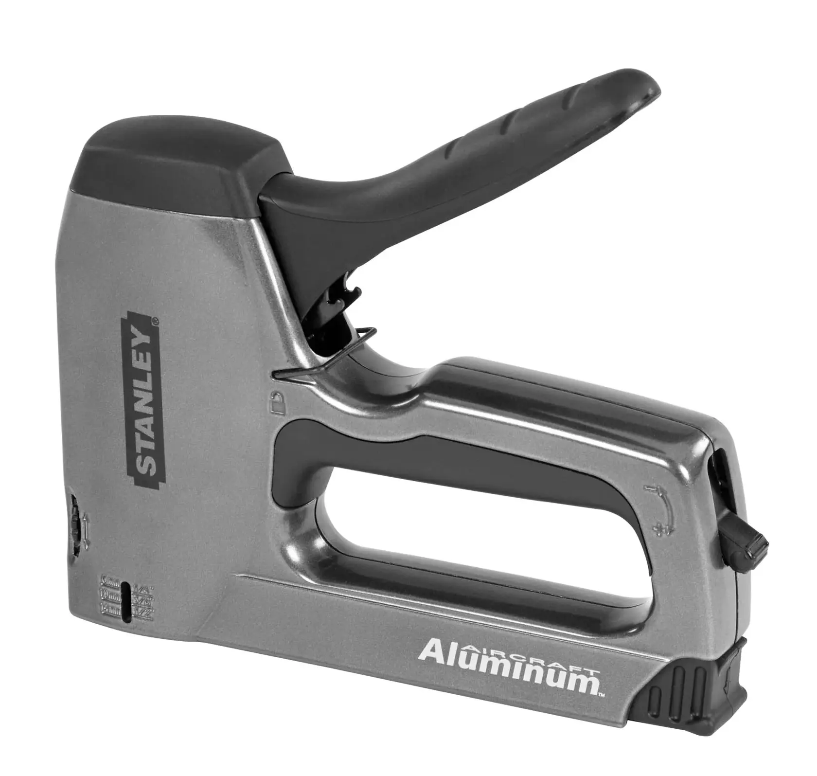 Grapadora STANLEY TR250 vista lateral, cuerpo de aluminio plateado con mango negro, fondo blanco.