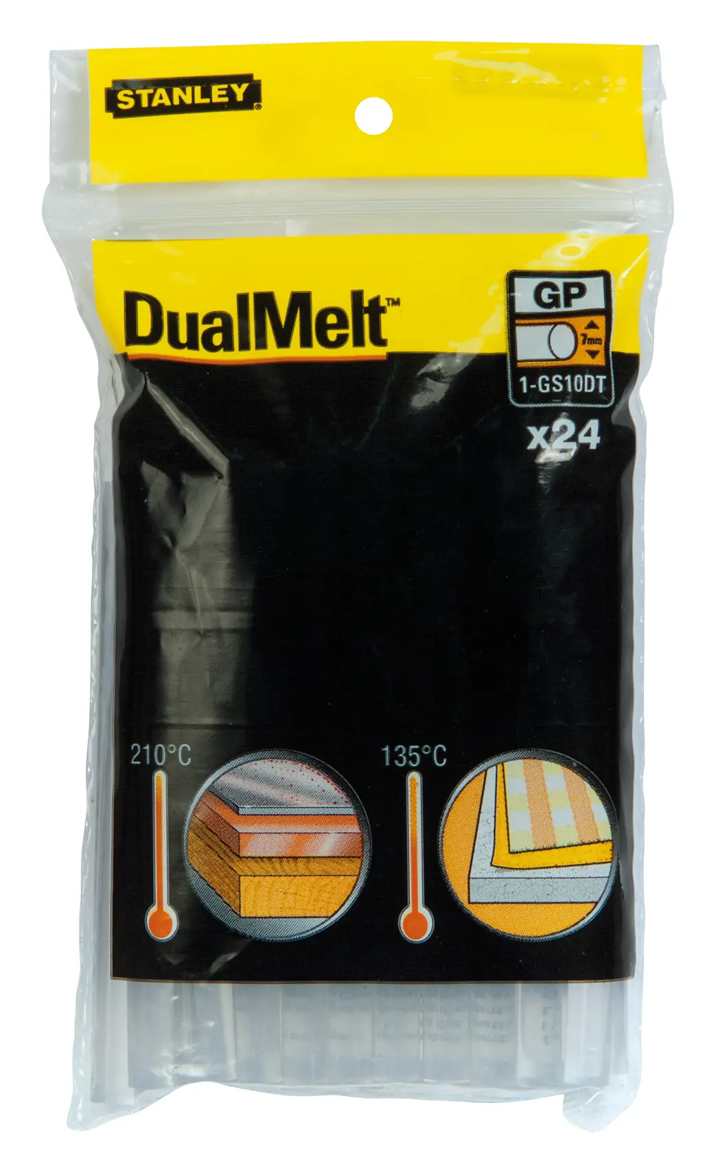 STANLEY GS10DT DualMelt paquete de 24 barras de pegamento, vista frontal sobre fondo blanco.