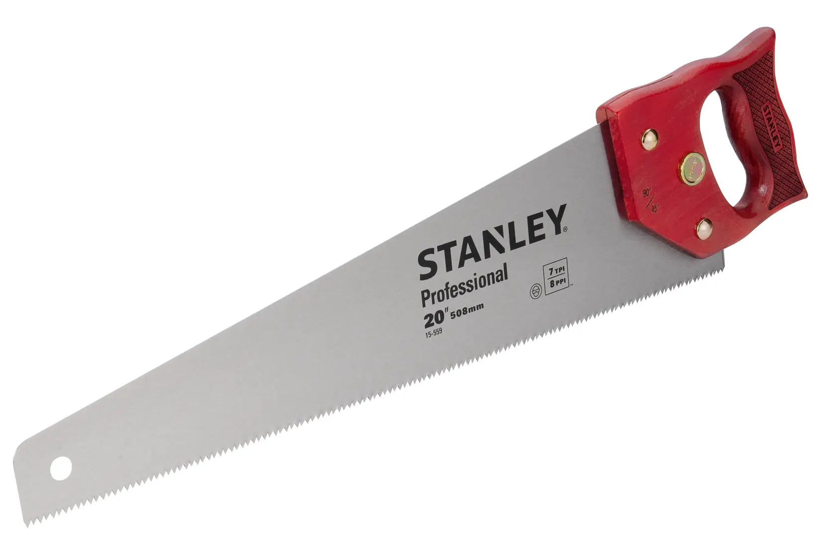 STANLEY 15-559 serrucho manual con mango rojo y hoja plateada, ángulo lateral sobre fondo blanco, herramienta de carpintería.