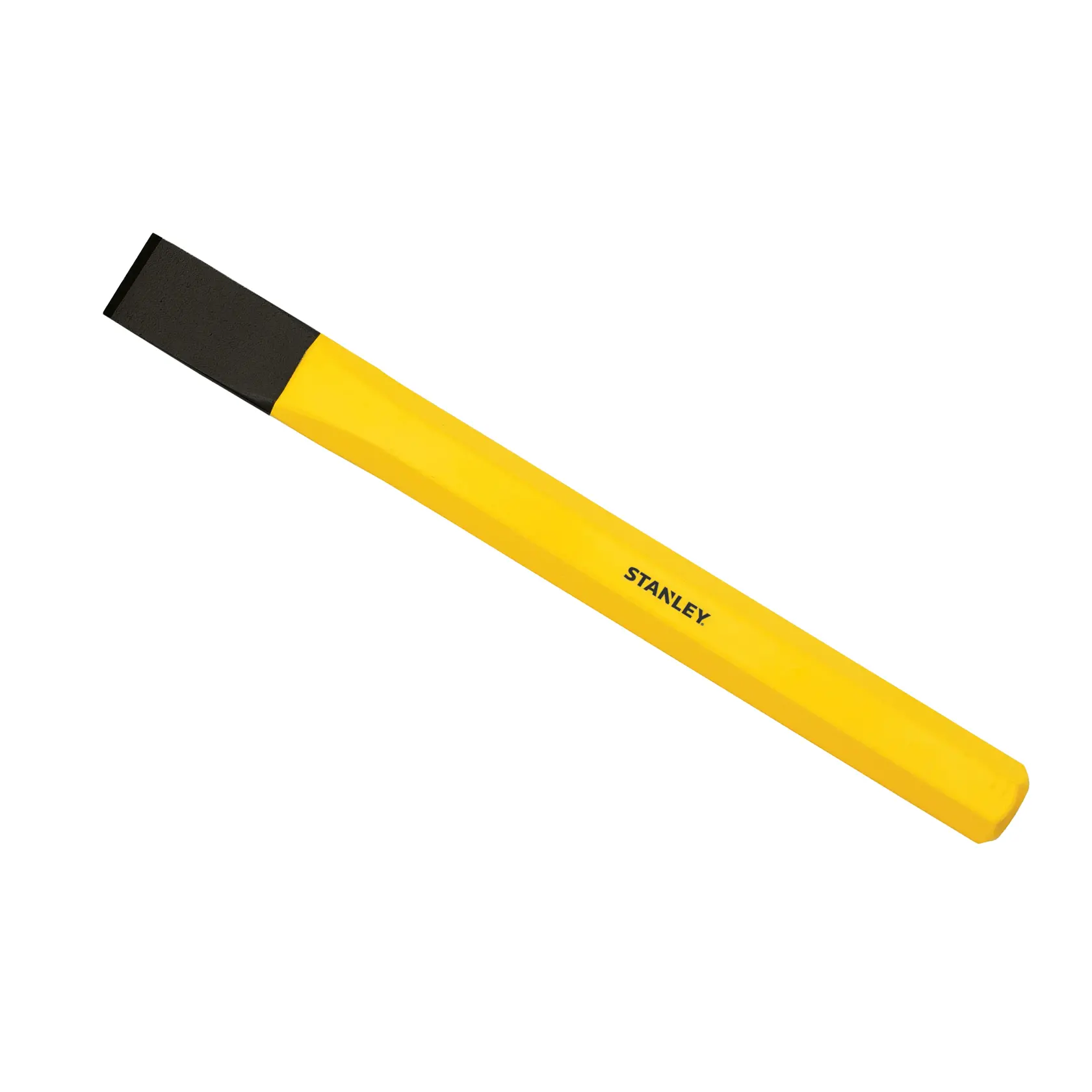 STANLEY 16-313 cincel frío amarillo con punta negra, herramienta manual, ángulo lateral sobre fondo blanco.