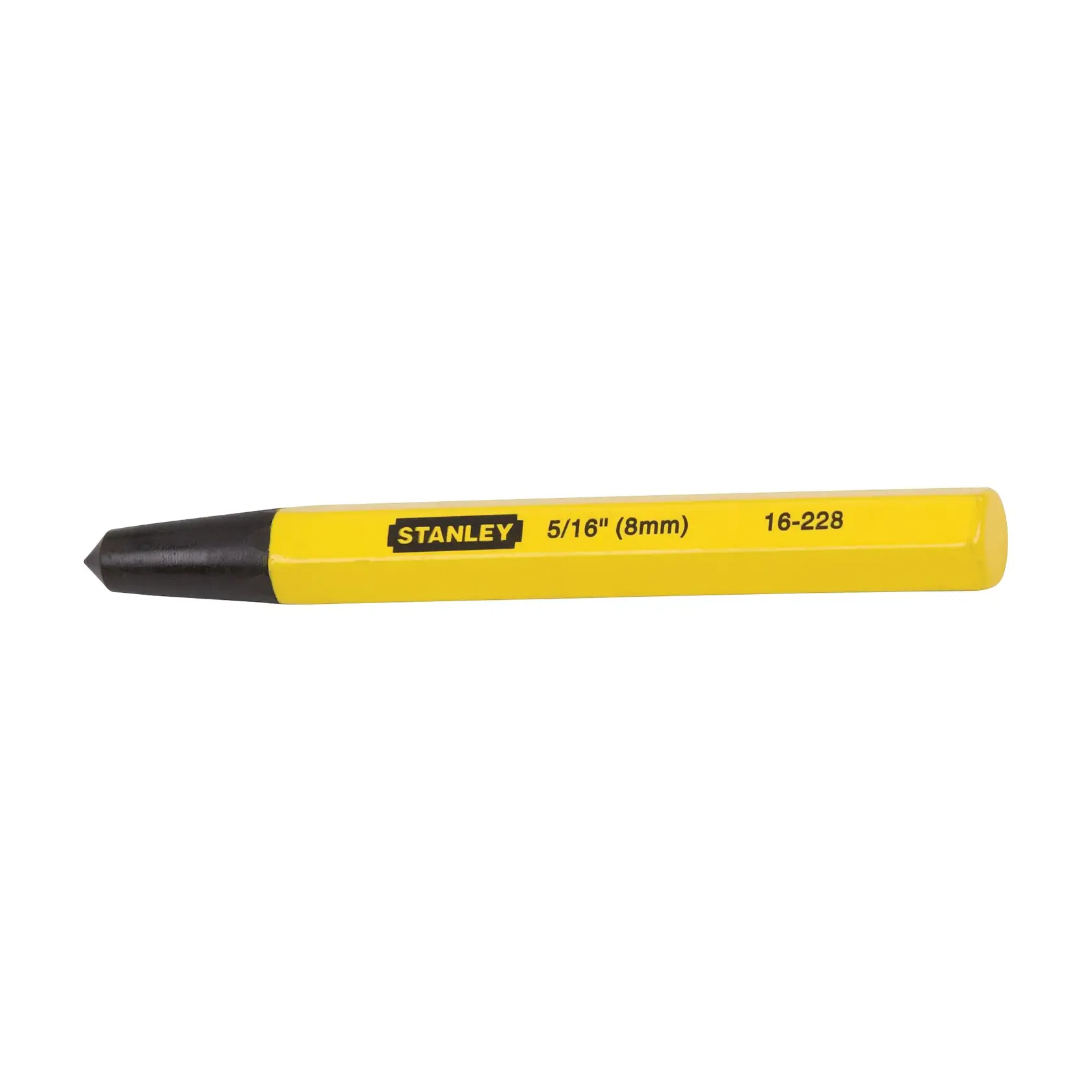 Un punzón central amarillo STANLEY con punta negra, marcado con 'STANLEY', '5/16" (8mm)' y '16-228' en el lateral.