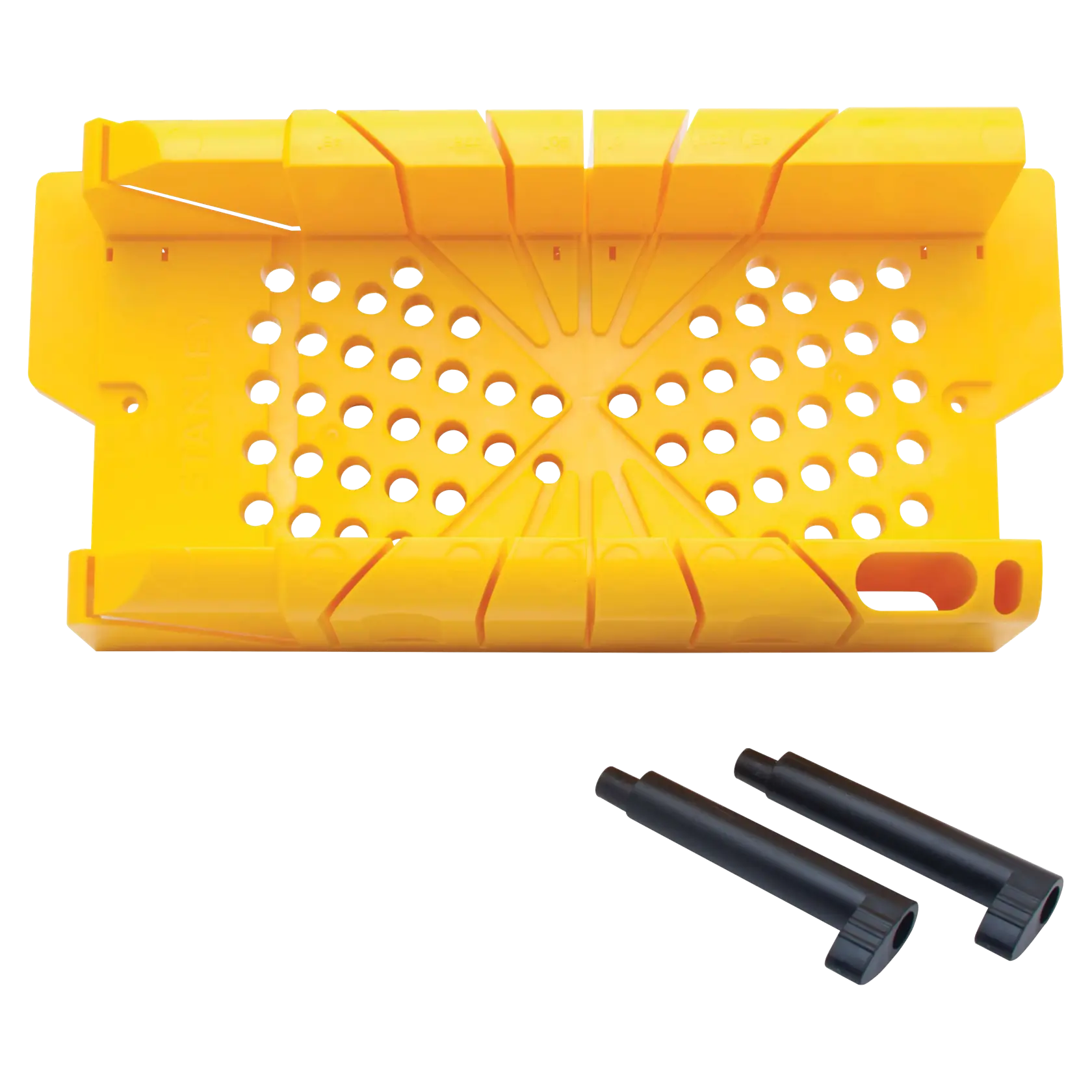 Stanley caja para ingletes de plástico amarillo con base perforada, dos guías de sierra negras, vista superior