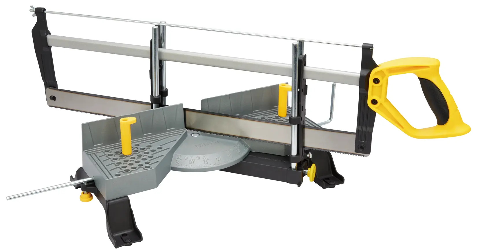 STANLEY 20-800 caja de ingletes con mango amarillo, vista frontal, base gris y guía ajustable.
