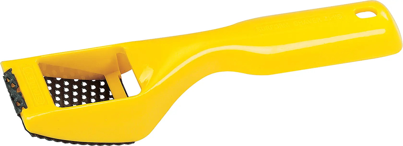 STANLEY 21-115 afilador surform amarillo, ángulo lateral, cuerpo de plástico con hoja de metal, herramienta manual.