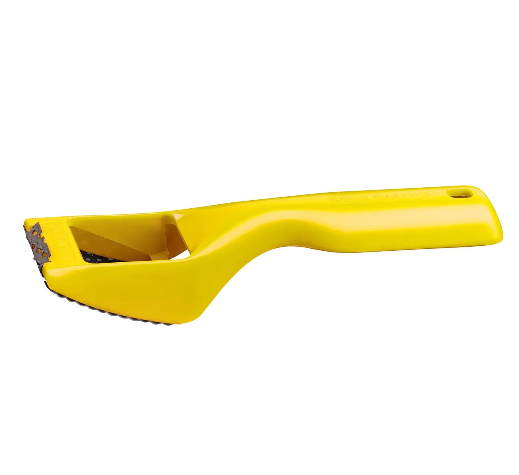 STANLEY 21-115 herramienta Surform afiladora amarilla, vista lateral, con mango de plástico y cuchilla de metal.