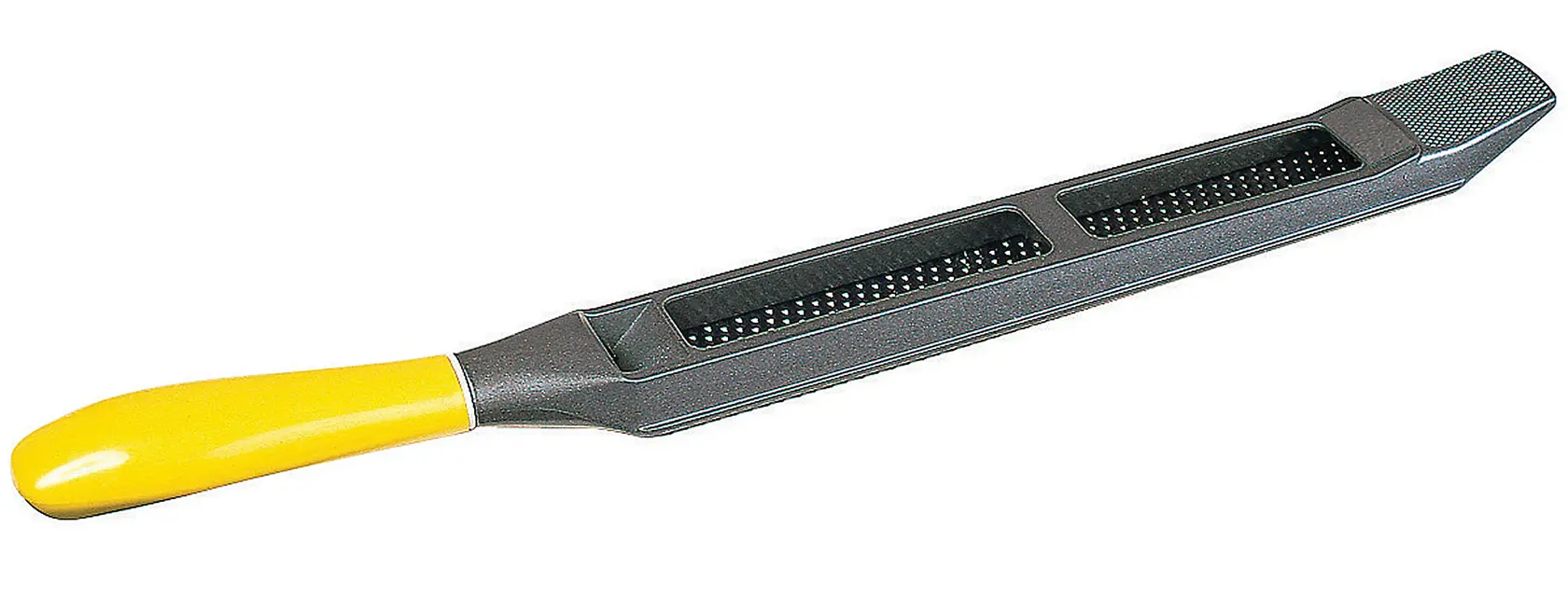 Stanley surform para carpintería con mango amarillo, ángulo superior, cuerpo gris, hoja visible