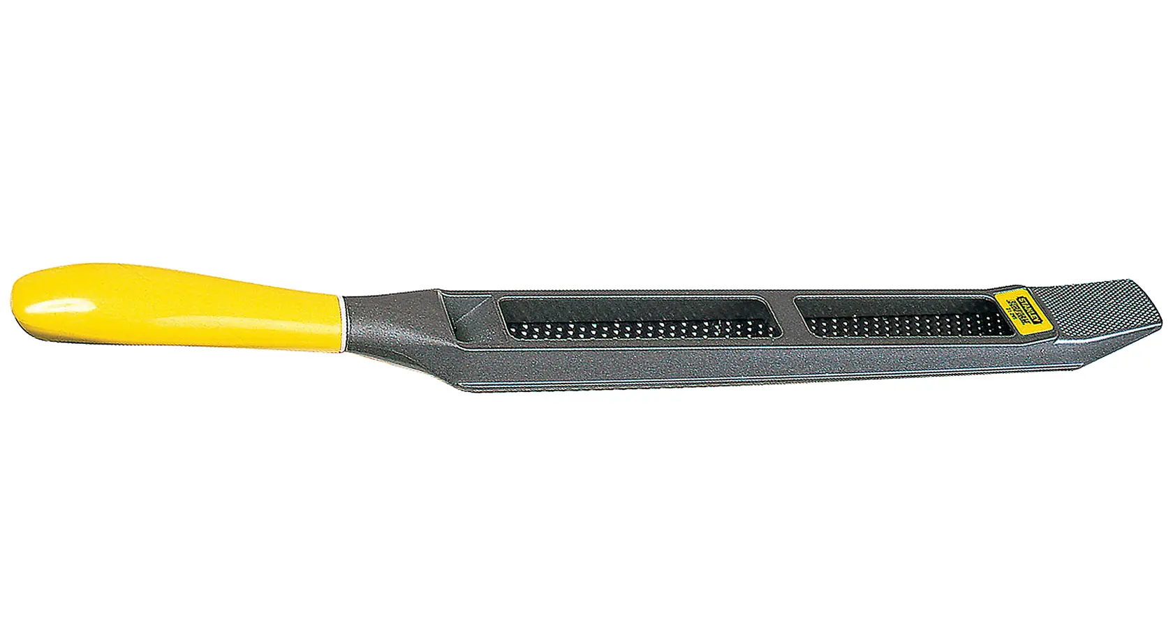 STANLEY 21-295 escofina manual con mango amarillo, vista lateral, cuerpo metálico con dientes tipo rallador para madera.