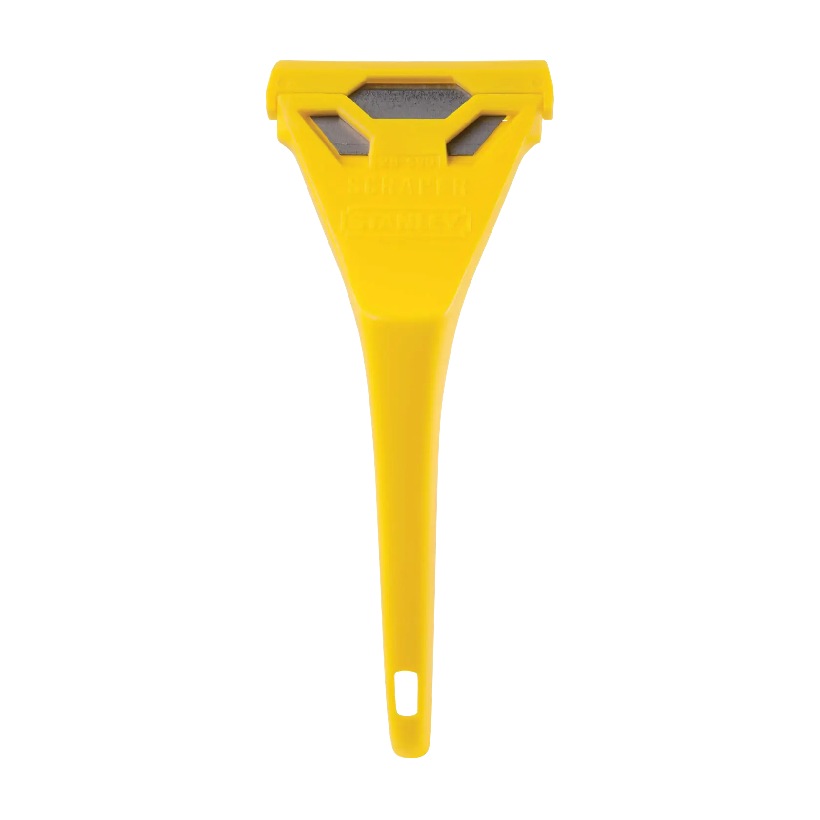 Vista frontal del rascador de plástico amarillo STANLEY con hoja de metal, aislado sobre fondo blanco