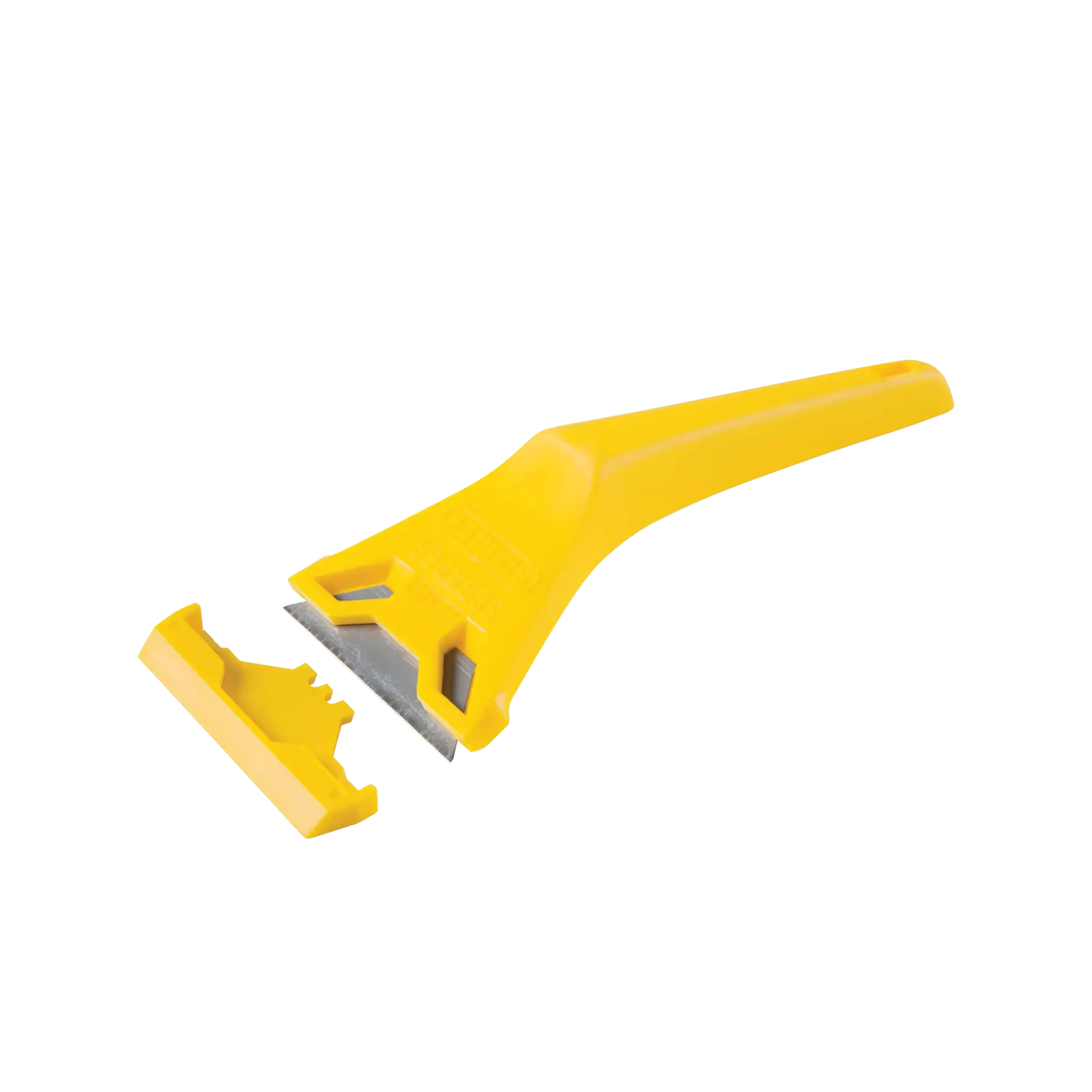 Raspador de cuchilla de plástico amarillo STANLEY con tapa protectora, toma de producto en ángulo sobre fondo blanco