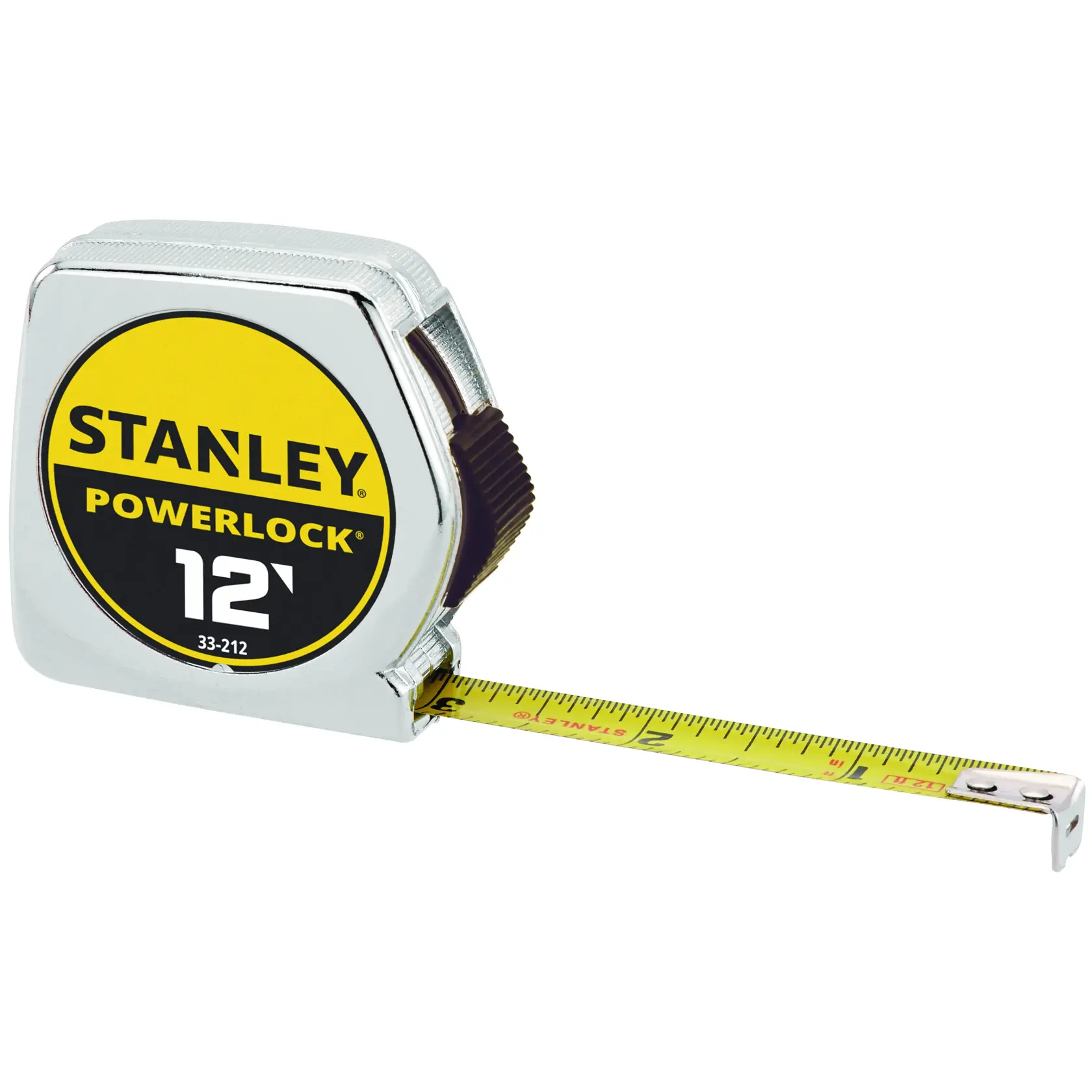 Una cinta métrica Stanley PowerLock de 12 pies con etiqueta amarilla y negra y cinta amarilla parcialmente extendida.