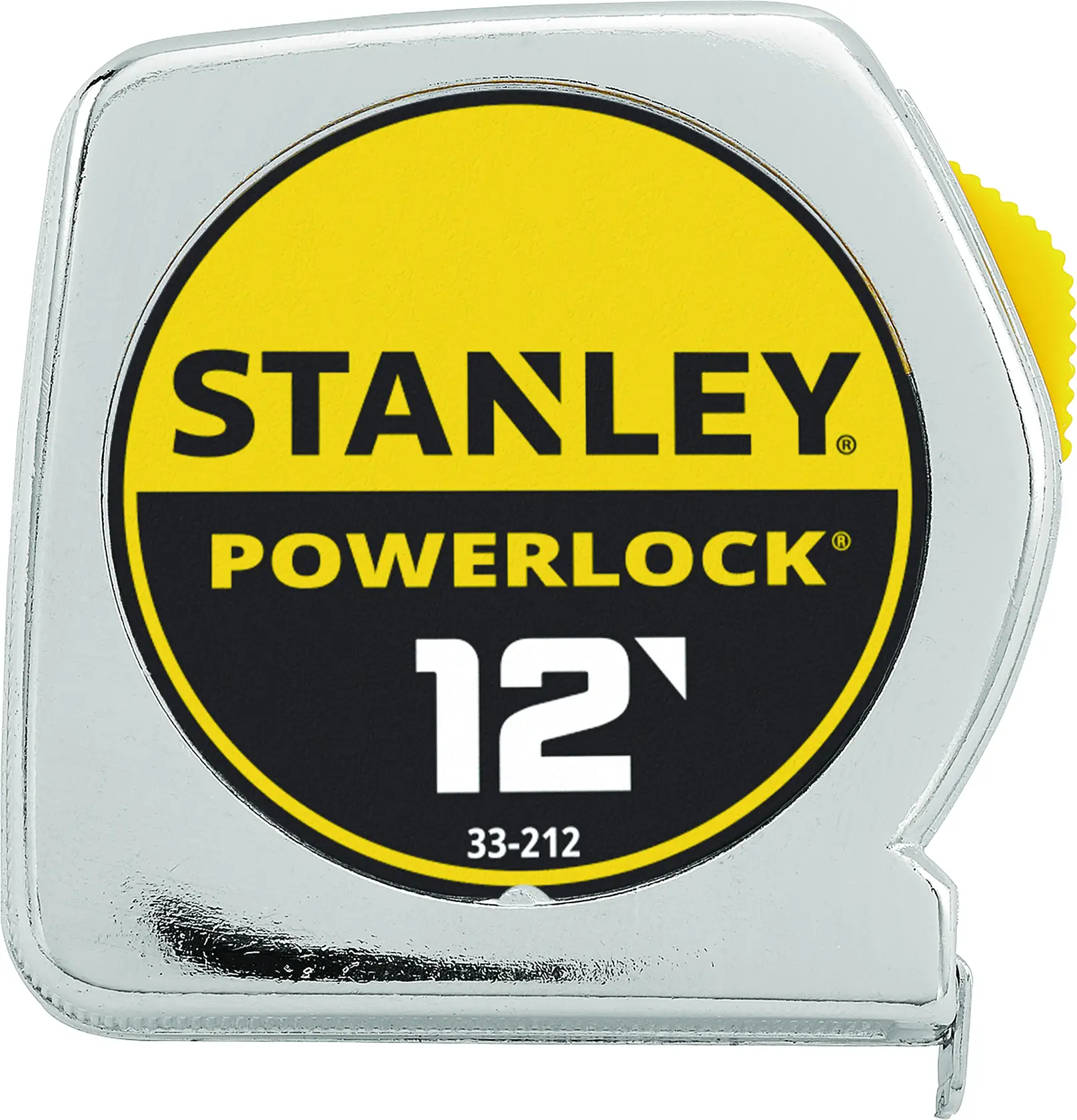 Imagen de primer plano de una cinta métrica Stanley PowerLock de 12 pies de longitud. La carcasa es de color cromado y la etiqueta amarilla y negra muestra la marca y la longitud.