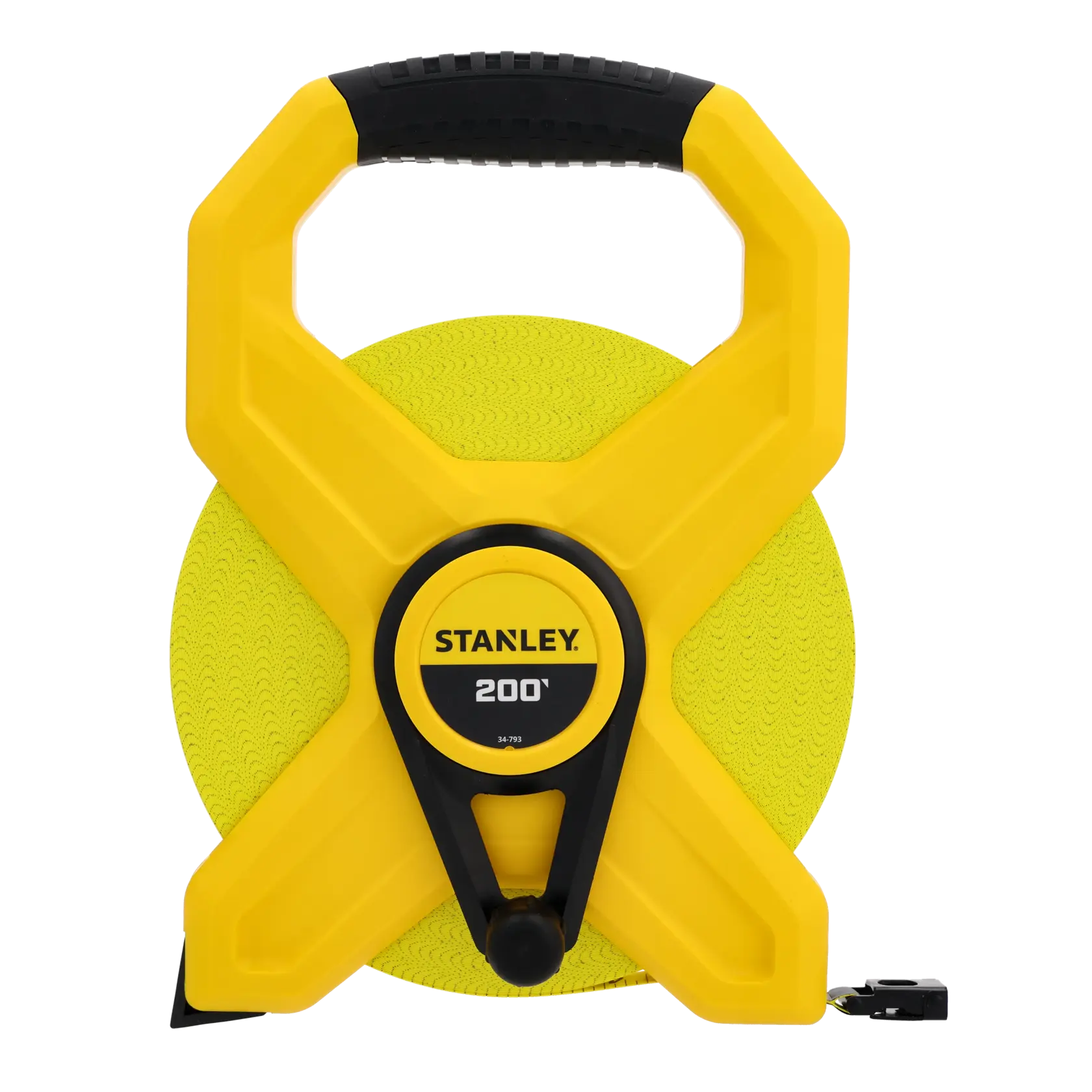 Una cinta métrica de bobina abierta de la marca Stanley, de color amarillo y negro, con una longitud de cinta de 200 pies, mostrada en posición vertical con el asa en la parte superior.