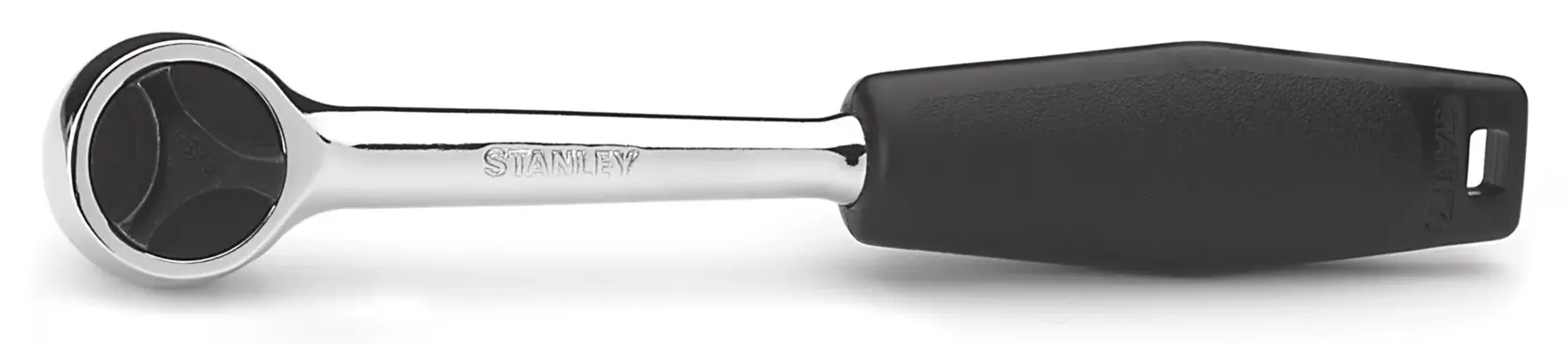 Llave de carraca STANLEY 4-86-396 con mango negro, vista lateral sobre fondo blanco.