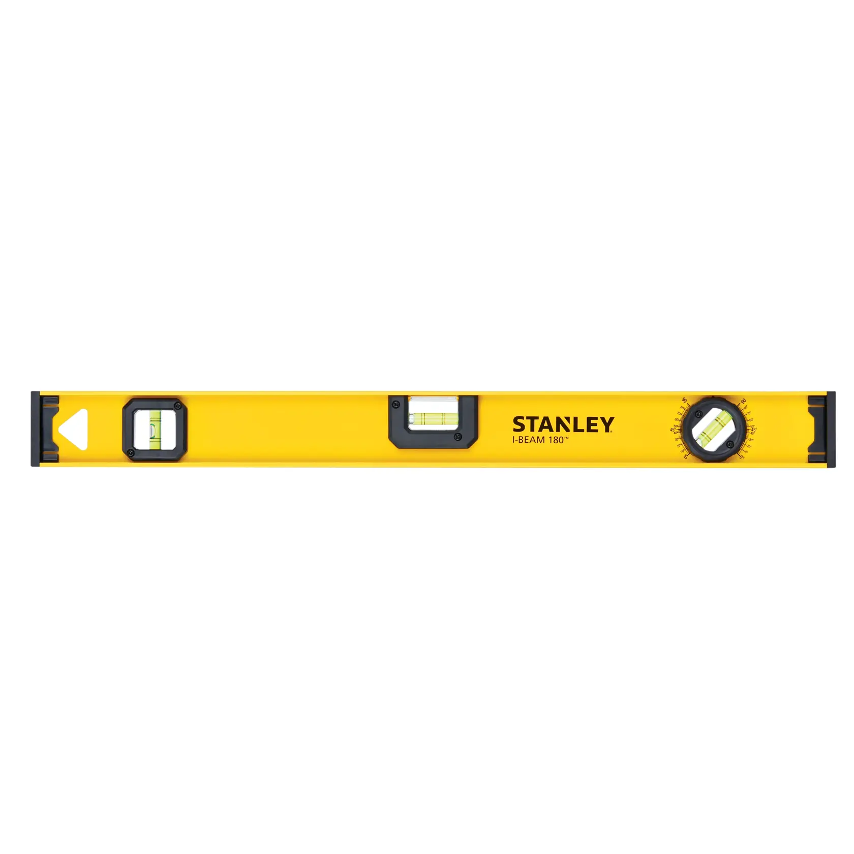 Nivel de burbuja amarillo Stanley I-Beam 180, vista frontal, con tres viales de burbuja y tapas negras.