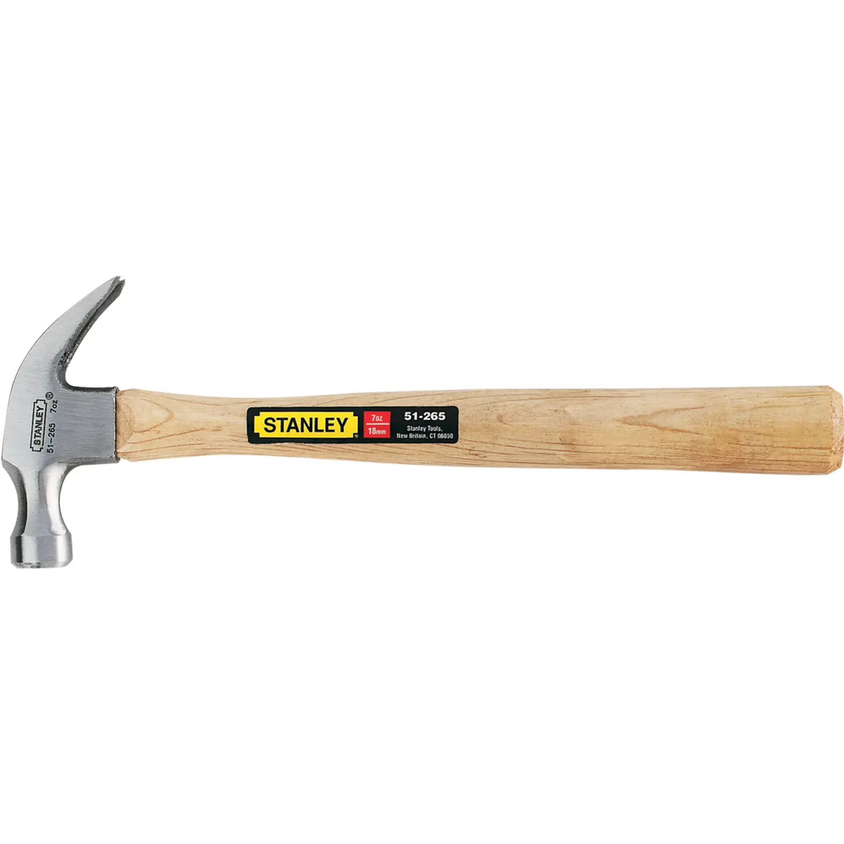 Martillo de garra Stanley SKU 51-265, mango de madera, ángulo lateral, fondo blanco.