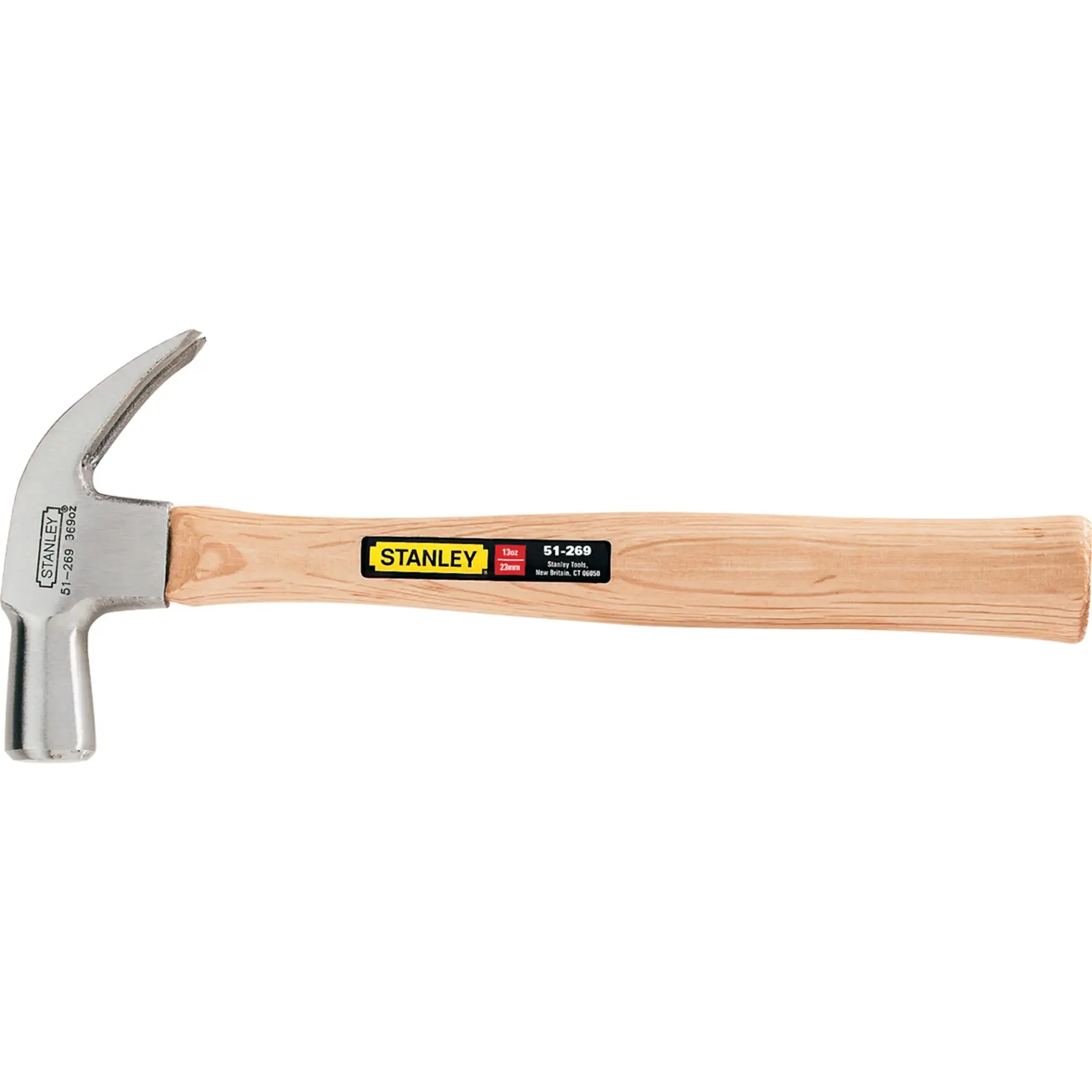 Martillo de garra Stanley 51-269 con mango de madera, fotografía lateral sobre fondo blanco.