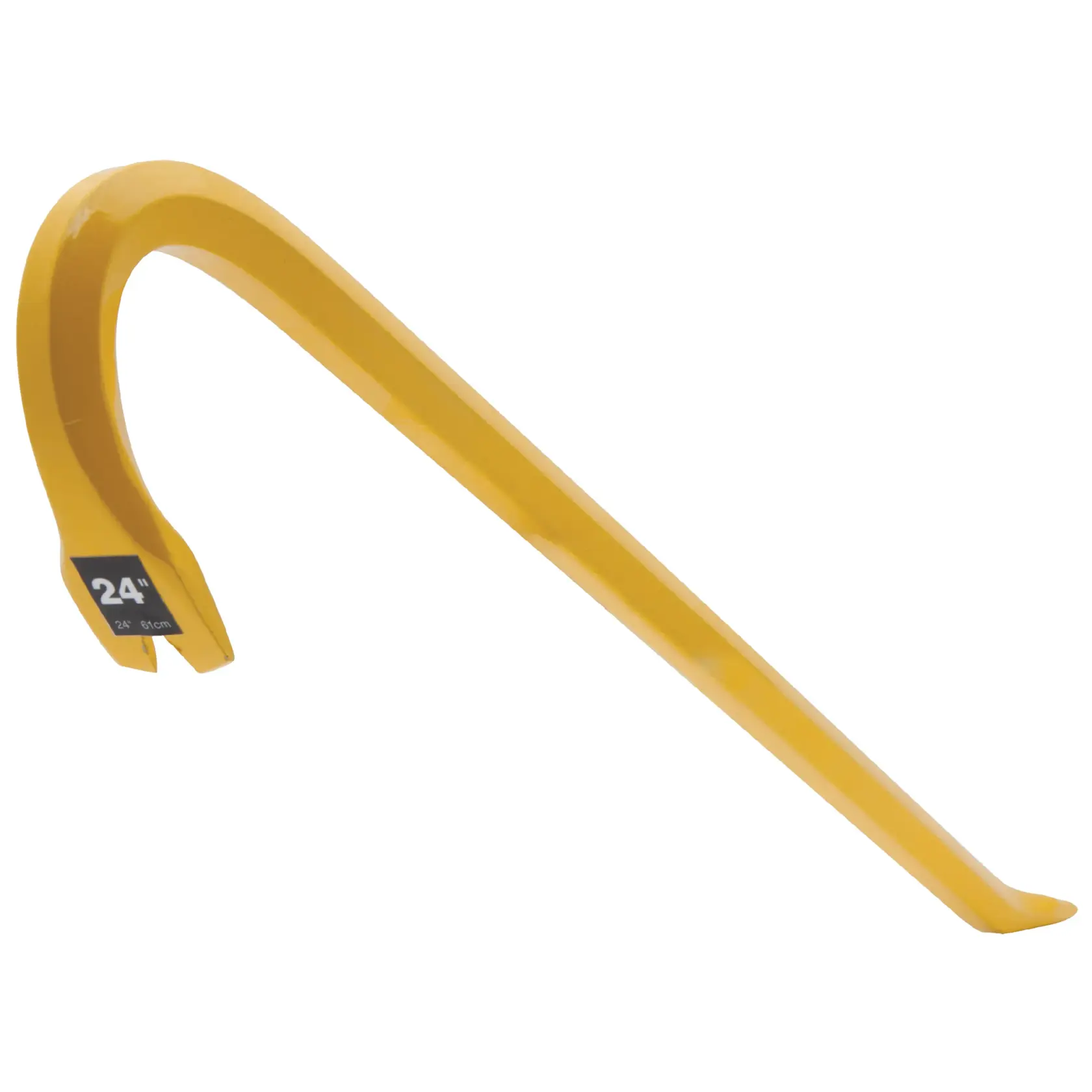 STANLEY 55-124 barra de uña curva amarilla de 24 pulgadas, ángulo lateral, sobre fondo blanco.
