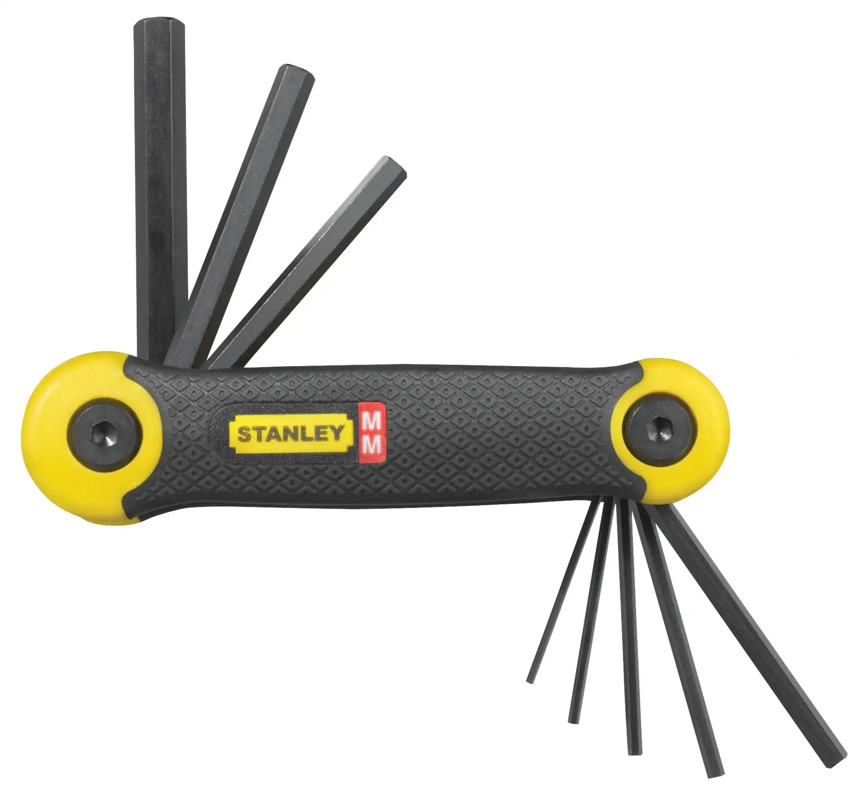 STANLEY 69-264 juego de llaves hexagonales plegables con mango negro y amarillo, varias llaves extendidas, foto del producto sobre fondo blanco.