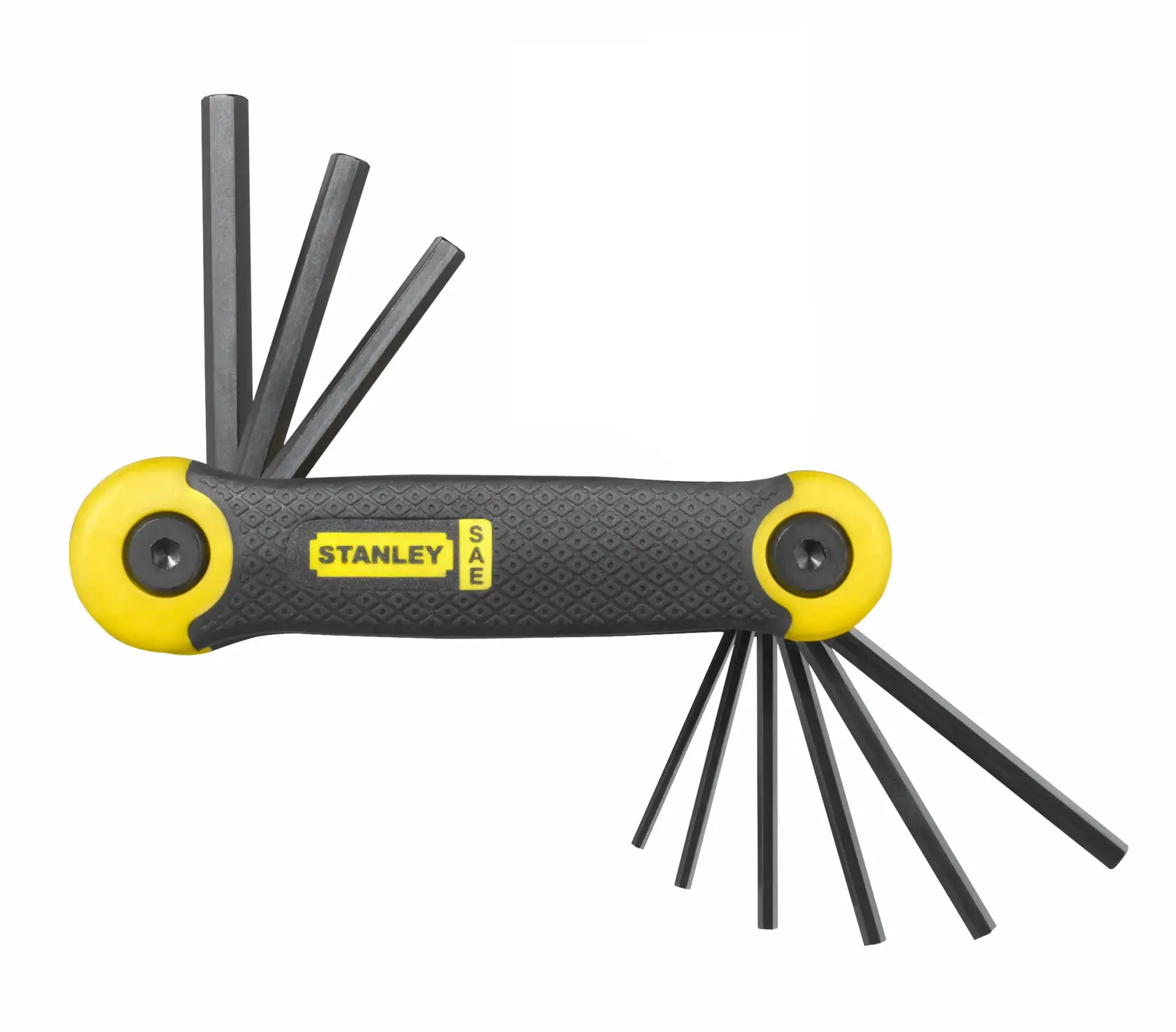 STANLEY 69-265 juego de llaves hexagonales con llaves negras en forma de L y mango negro y amarillo, ángulo frontal sobre fondo blanco.