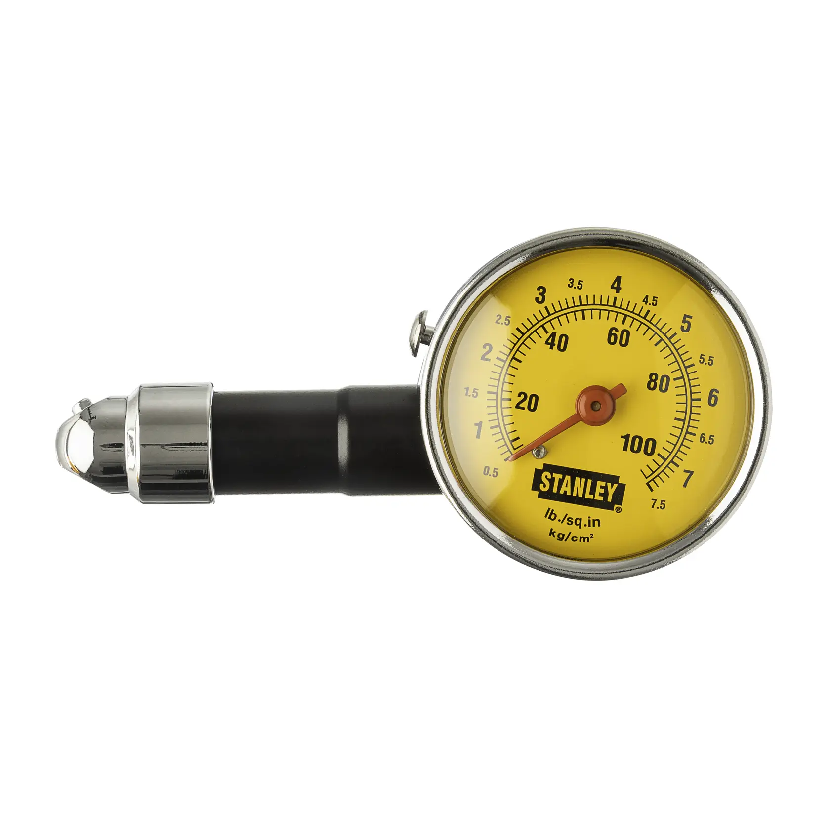Fotografía de medidor de presión de neumáticos STANLEY 79-052 con dial amarillo y mango negro, vista lateral sobre fondo blanco.