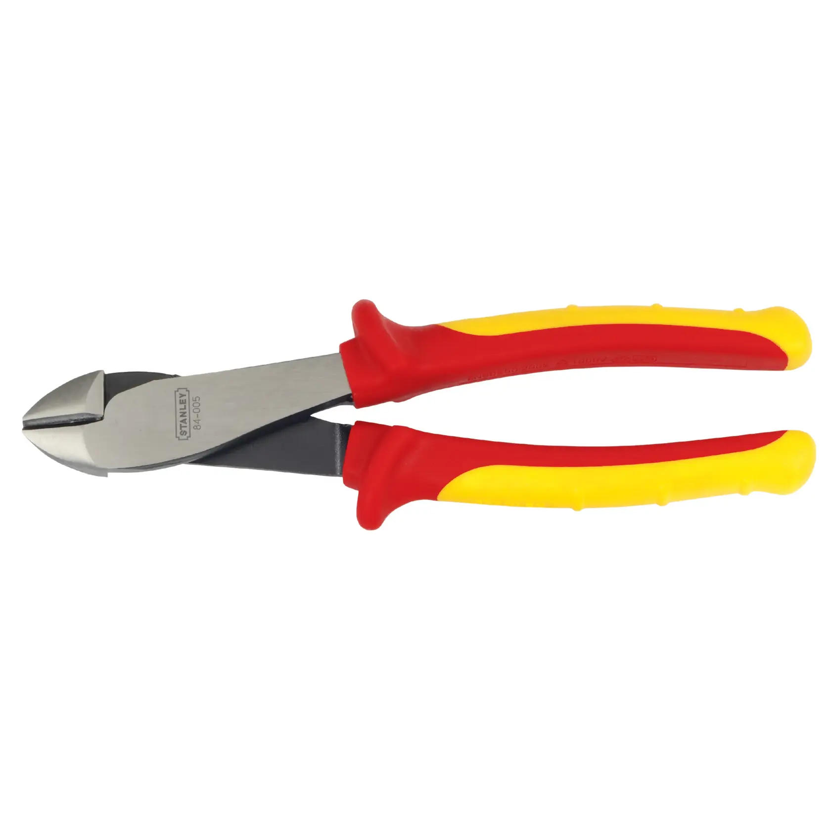 Alicates de corte diagonal Stanley 84-005 con mango rojo y amarillo, vista lateral, fondo blanco.