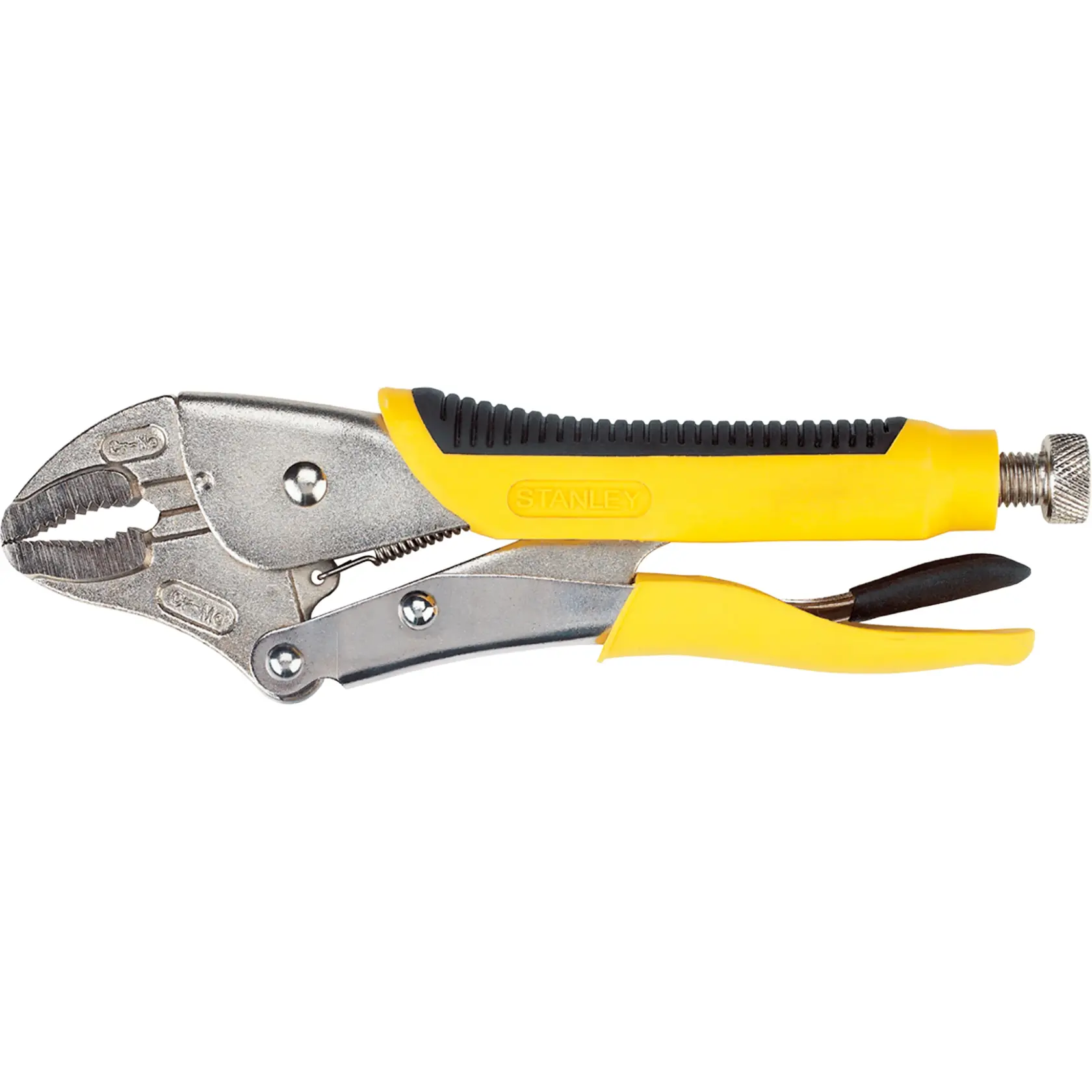 Foto de pinza de presión STANLEY 84-378 con mango amarillo y negro, vista lateral sobre fondo blanco.