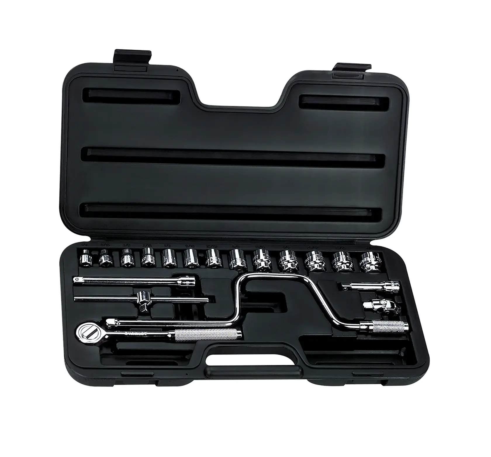 STANLEY 86-210 juego de dados en estuche plástico negro, dados y trinquetes cromados organizados, vista superior.
