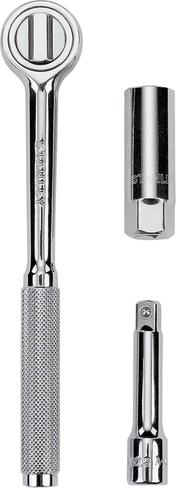 STANLEY 86-249 juego de llave de carraca con extensión y dado, acabado plateado, vista superior sobre fondo blanco.