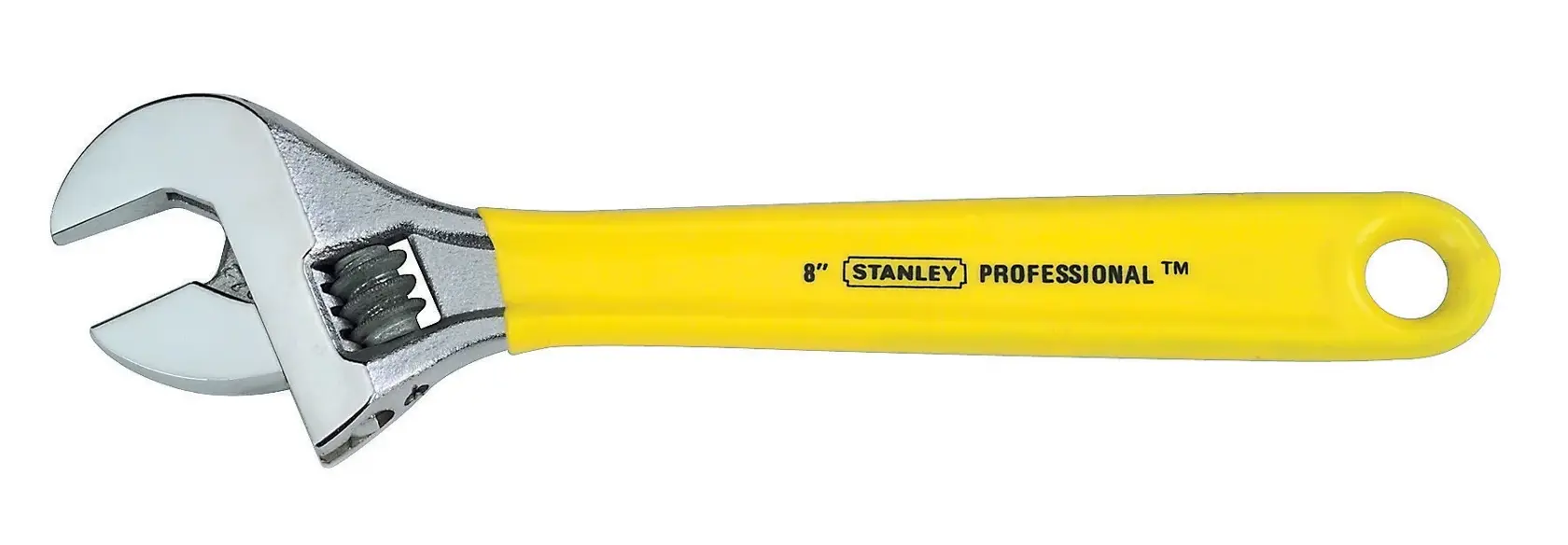 Llave ajustable Stanley, mango amarillo, SKUs 87-796LA, 87-796, fotografía, vista lateral, fondo blanco.