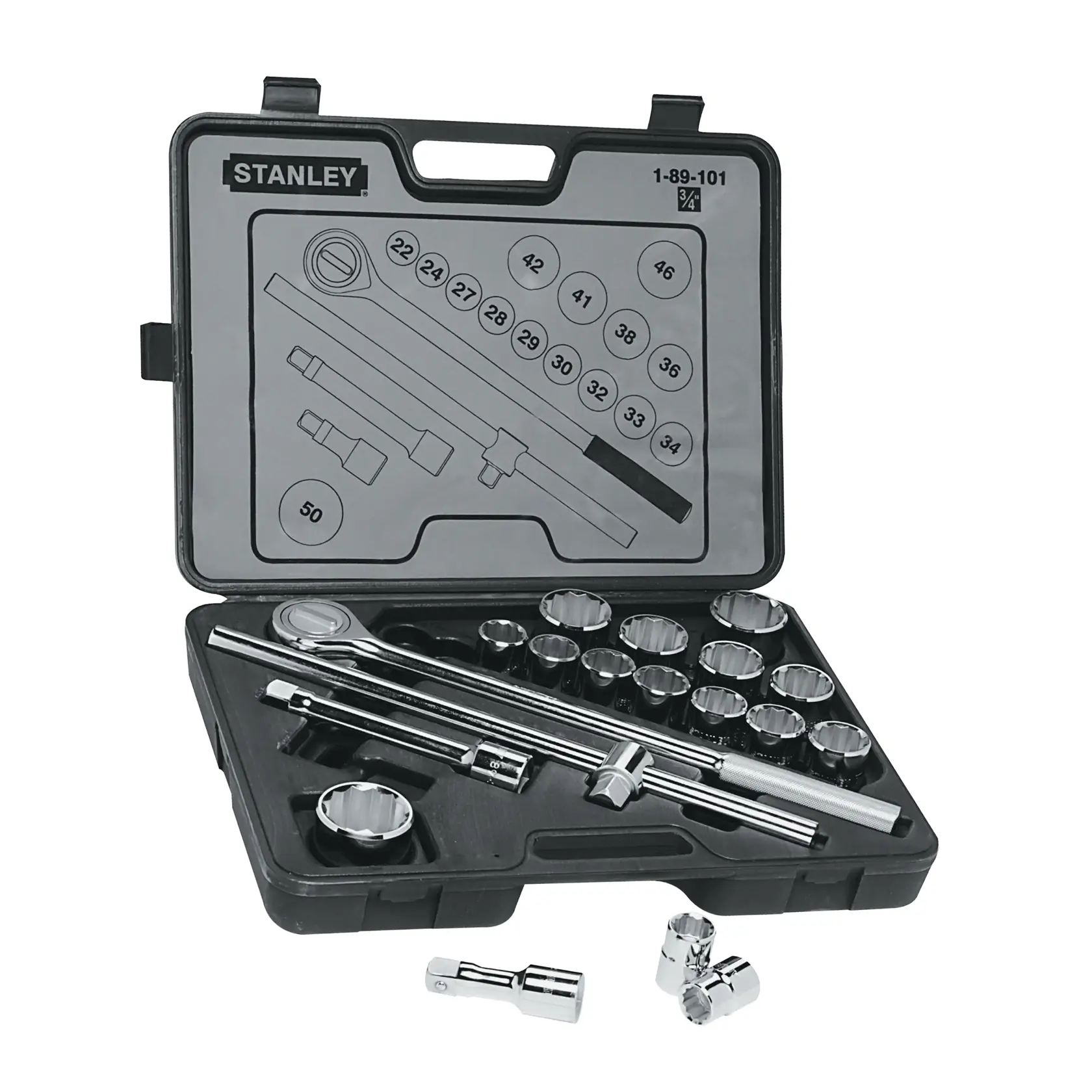 Juego de dados y matraca Stanley en estuche negro, SKU 89-101, con dados, extensiones y accesorios, vista angular.