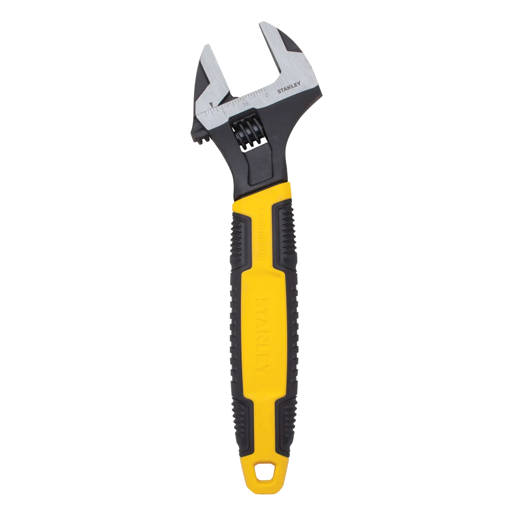 Vista frontal de la llave ajustable STANLEY con mango amarillo y negro sobre fondo blanco