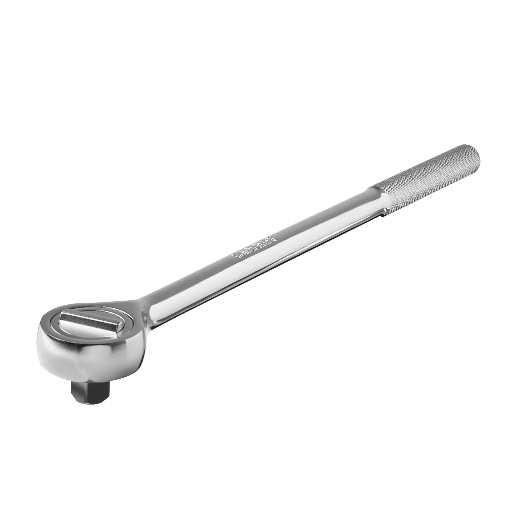 Llave de carraca cromada STANLEY 91-316 con mango moleteado, vista lateral sobre fondo blanco.