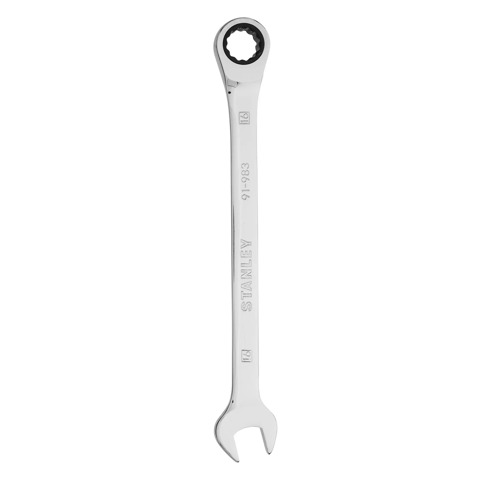 Llave combinada de carraca STANLEY 91-983, acabado cromado, vista superior del producto sobre fondo blanco.