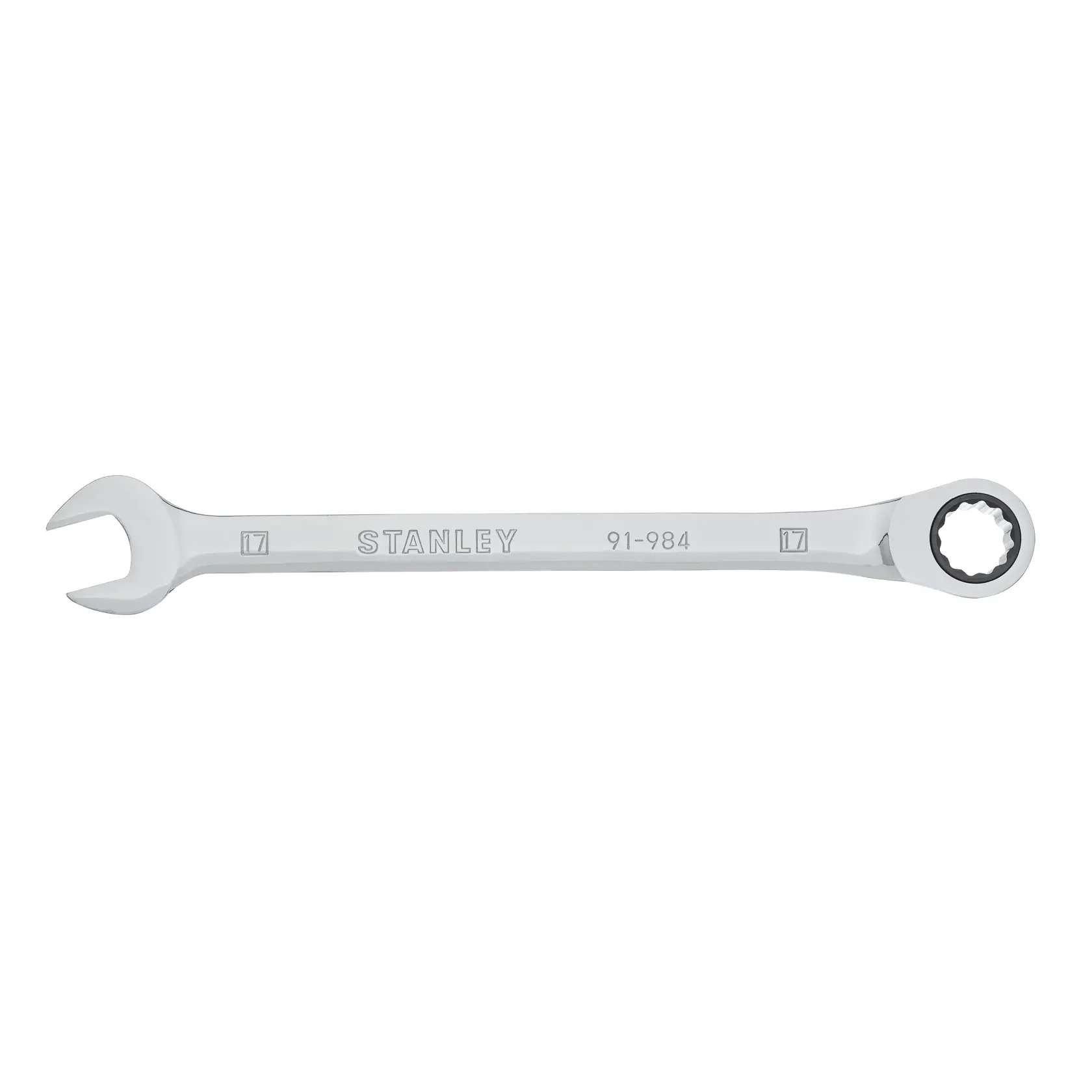 Llave combinada STANLEY 91-984, acabado cromado, boca abierta y estrella, vista lateral del producto.