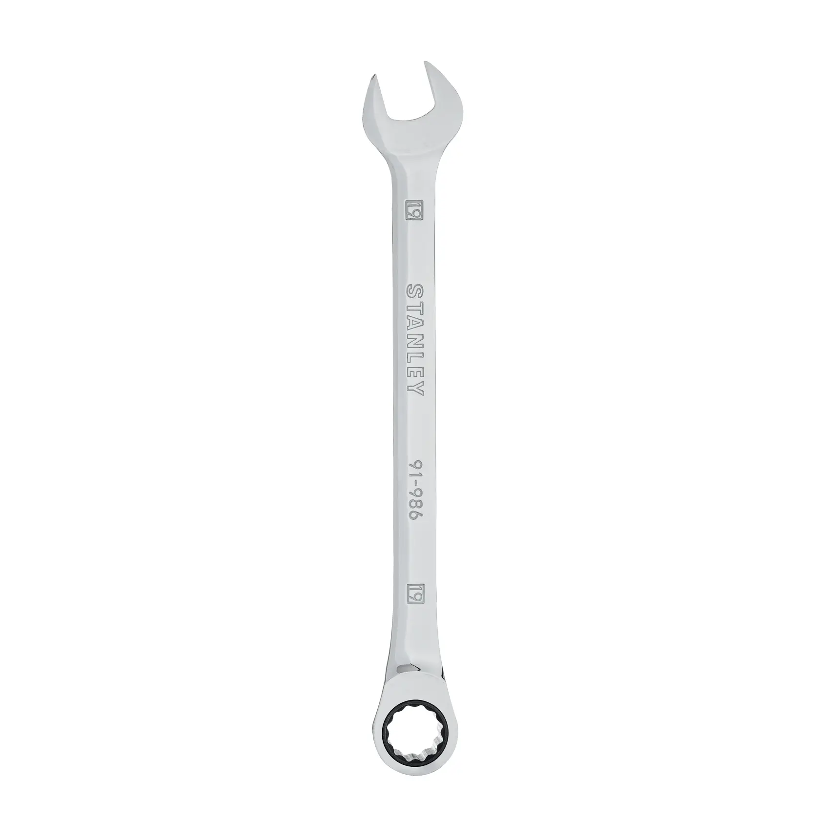 Llave combinada Stanley 91-986, acabado plateado, vista plana, diseño de punta abierta y estrella.