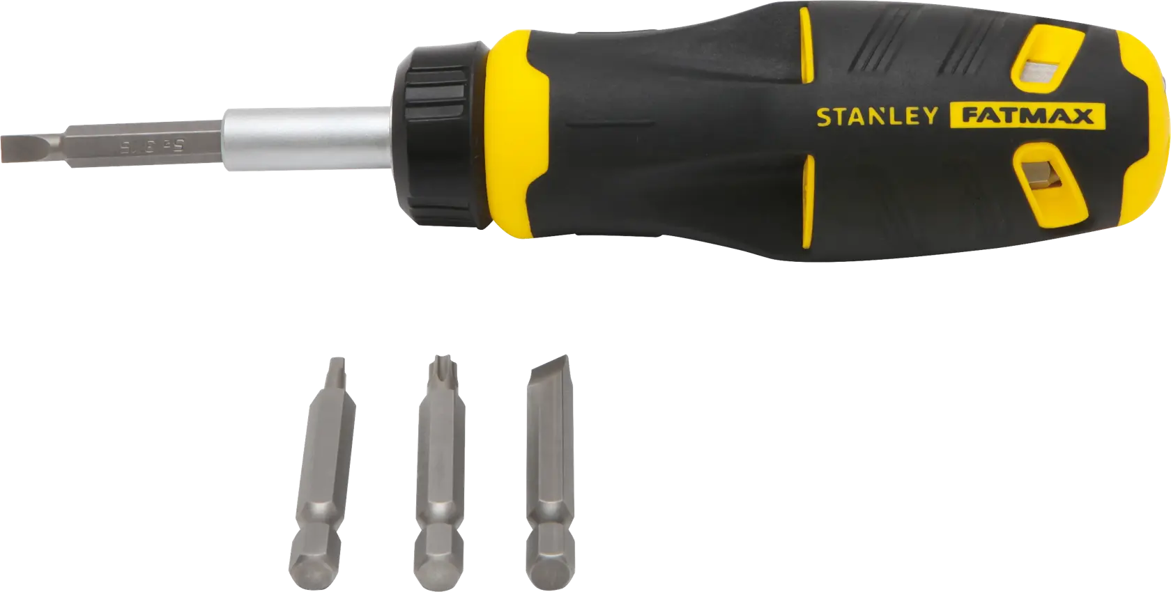 Stanley FATMAX destornillador de carraca con mango negro y amarillo, incluye tres puntas intercambiables, ángulo frontal.
