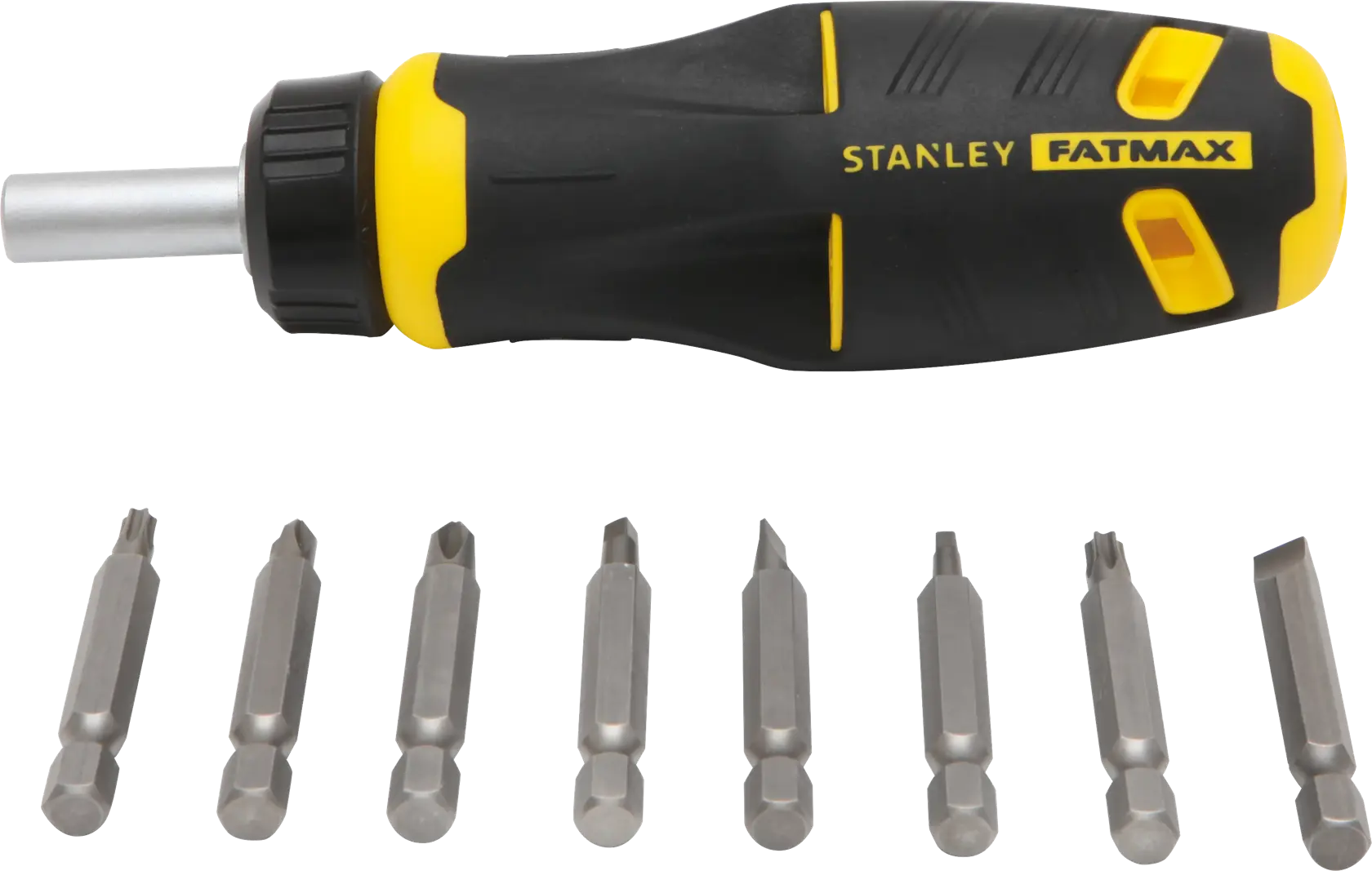 Destornillador Stanley FATMAX FMHT62287 con mango negro y amarillo y ocho puntas metálicas, vista frontal.