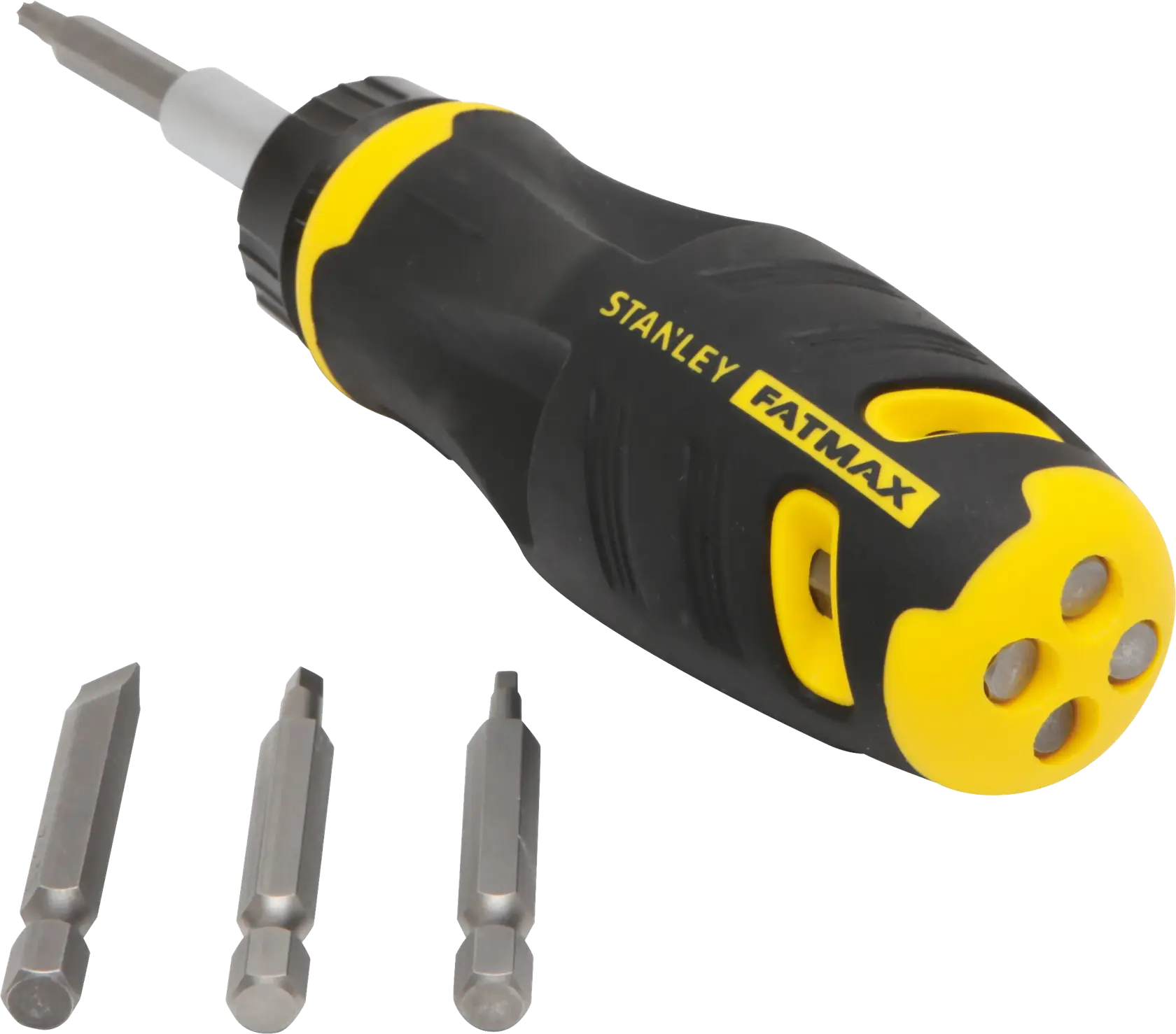 Destornillador Stanley FATMAX ergonómico con mango negro y amarillo, tres puntas intercambiables sobre fondo blanco, vista en ángulo