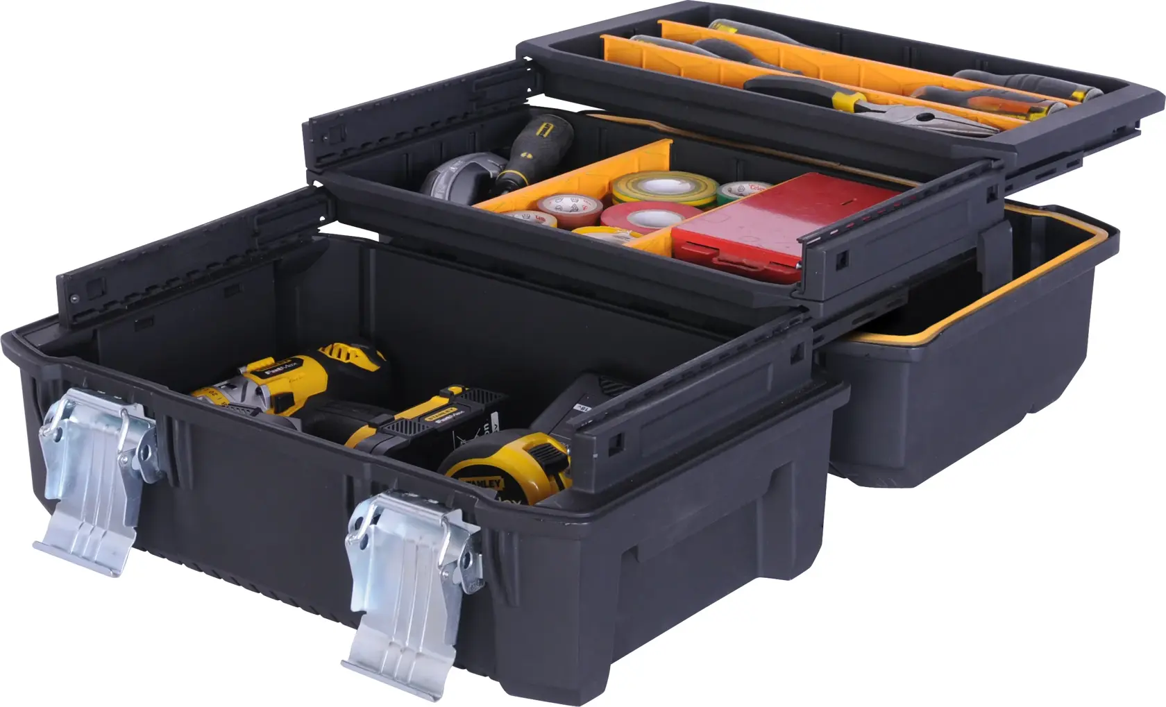 STANLEY FMST18001 caja de herramientas con bandejas y compartimentos, negra, abierta con herramientas y accesorios variados.