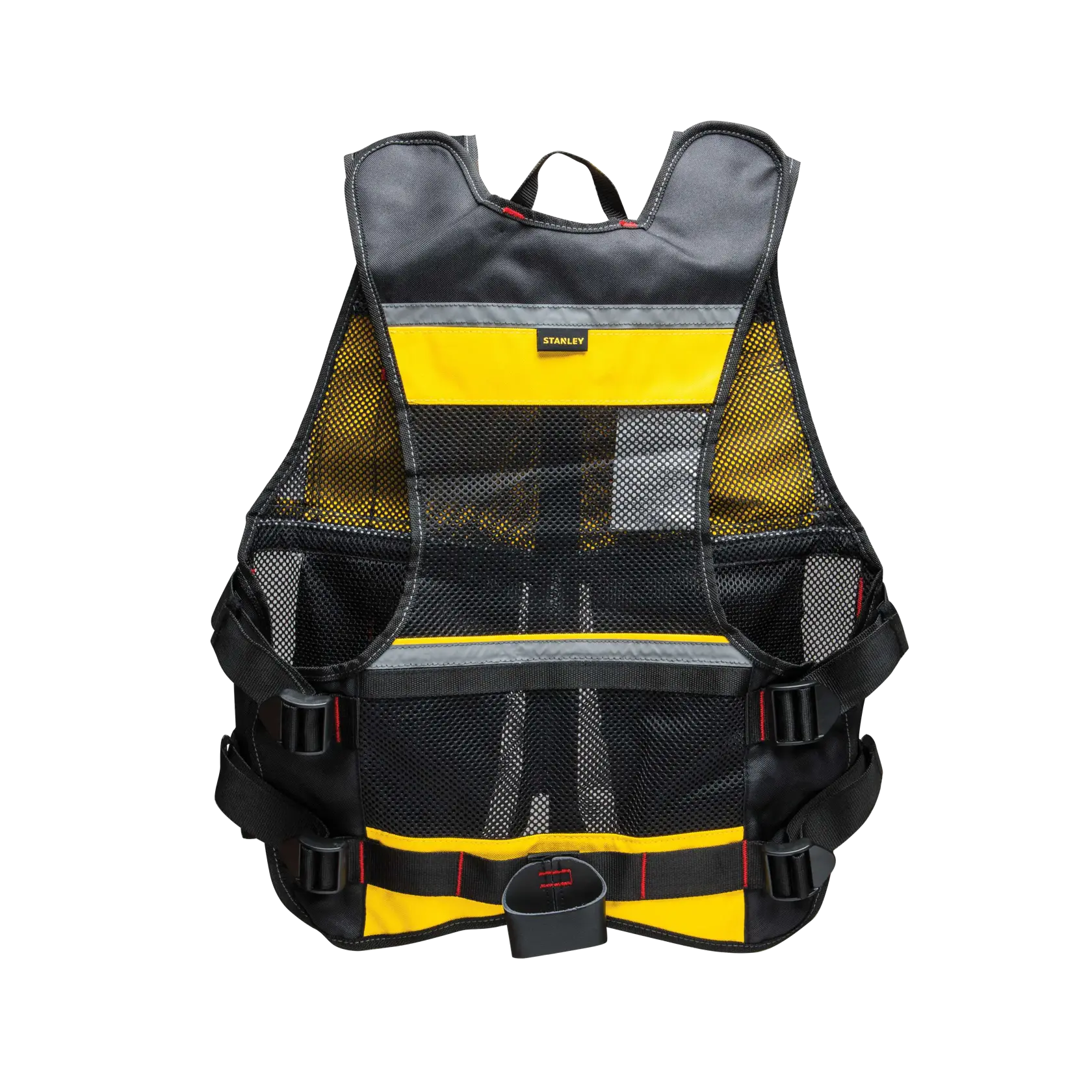 STANLEY FMST530201 chaleco de herramientas de malla en negro y amarillo, correas ajustables, vista frontal sobre fondo blanco.