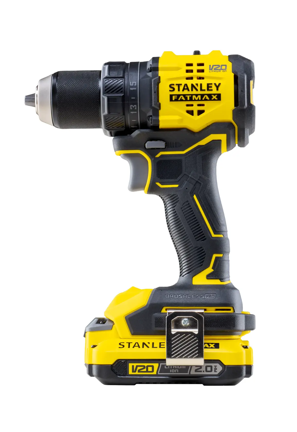 Taladro inalámbrico STANLEY SBD714, amarillo y negro, vista lateral sobre fondo blanco.