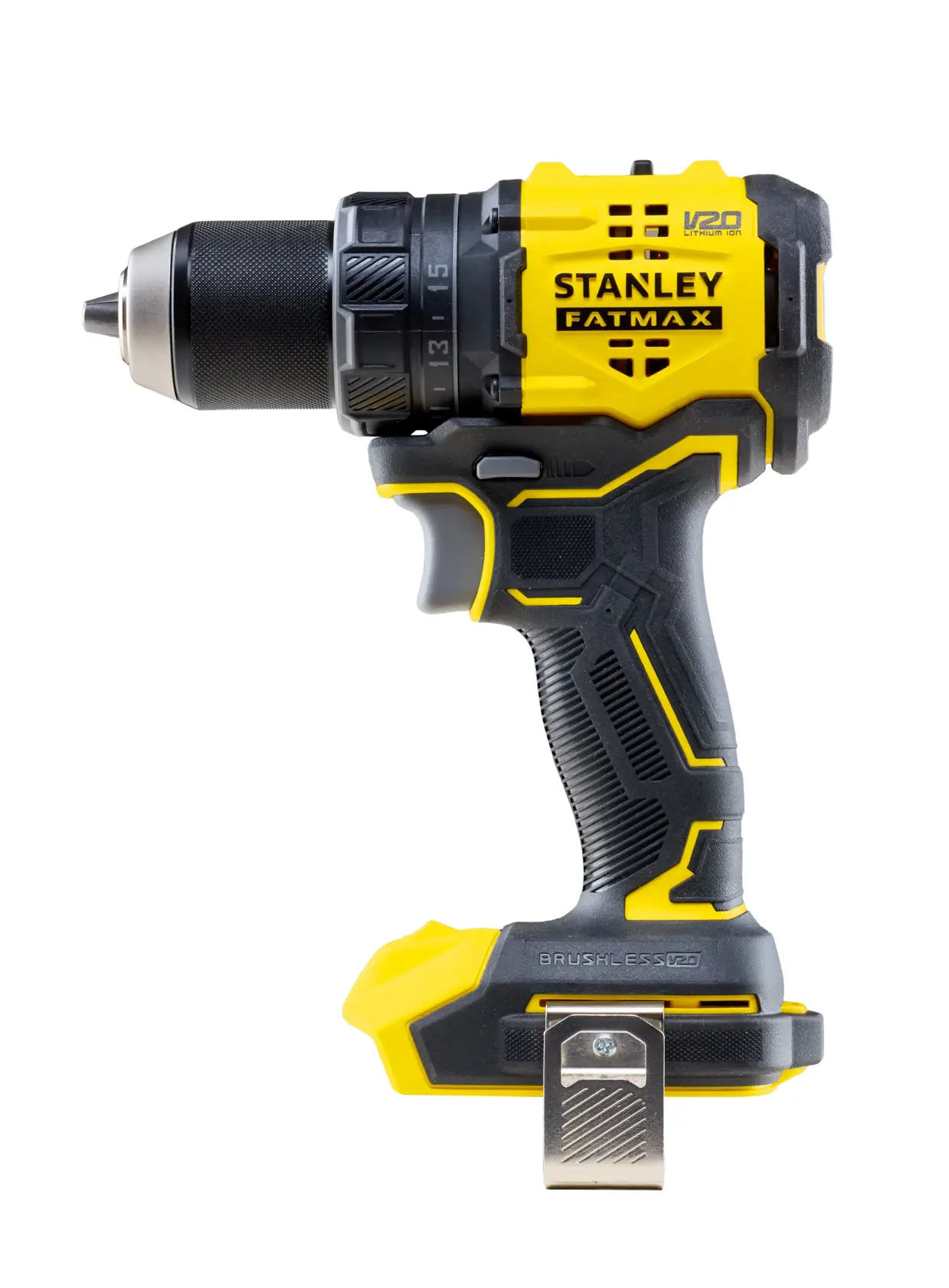 Taladro inalámbrico STANLEY SBD714, amarillo y negro, vista lateral sobre fondo blanco.