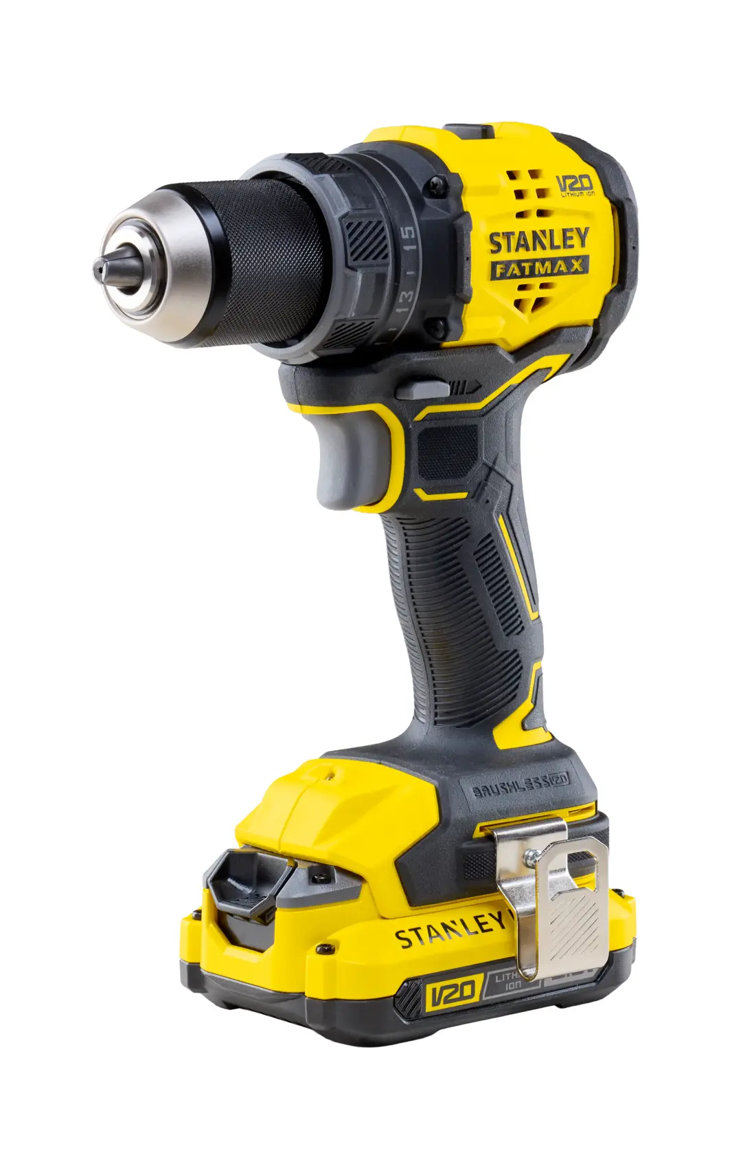 Taladro inalámbrico STANLEY SBD714, amarillo y negro, vista en ángulo sobre fondo blanco.
