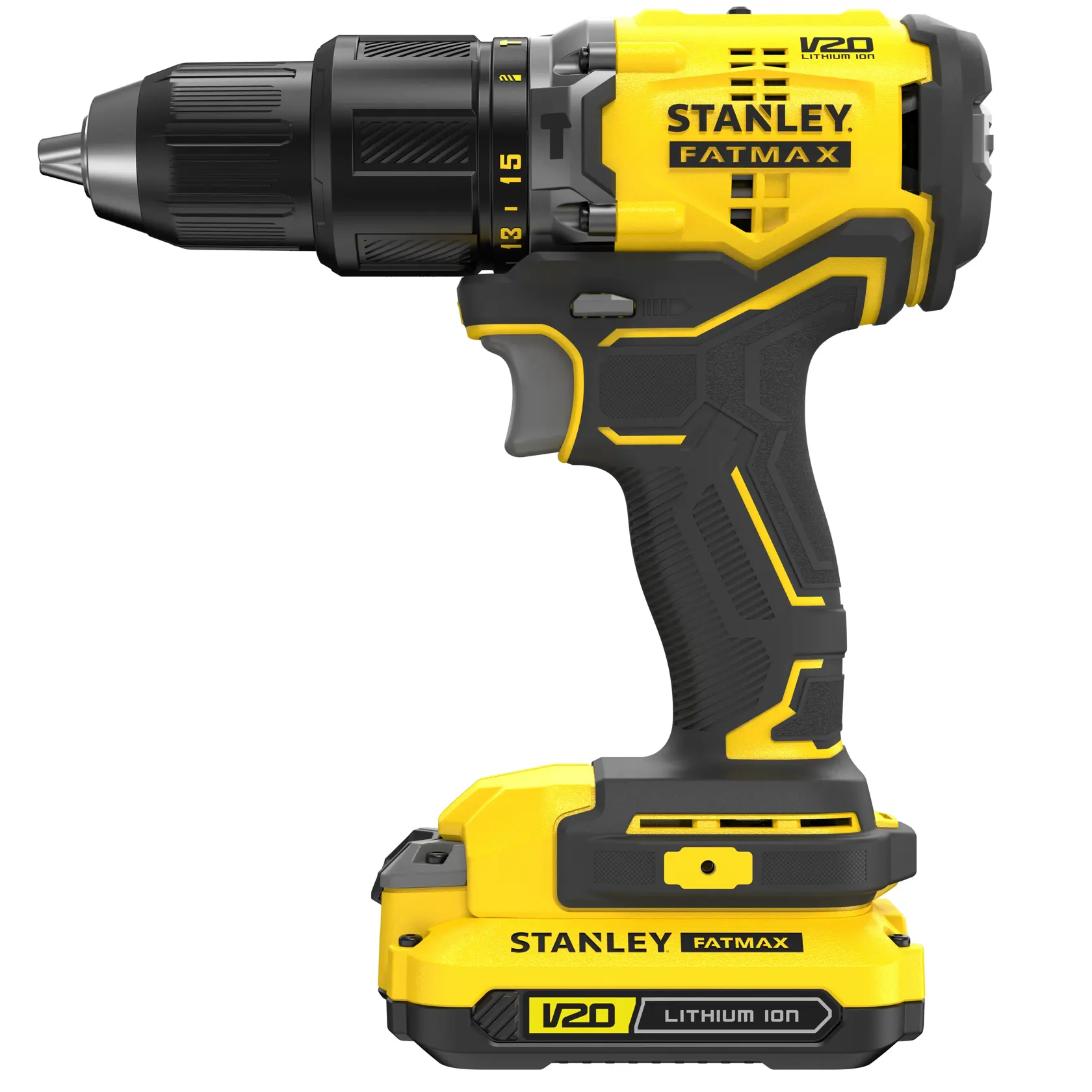 Taladro inalámbrico STANLEY SBD715C2K-B2, amarillo y negro, vista lateral derecha; V20 FATMAX, batería de litio.