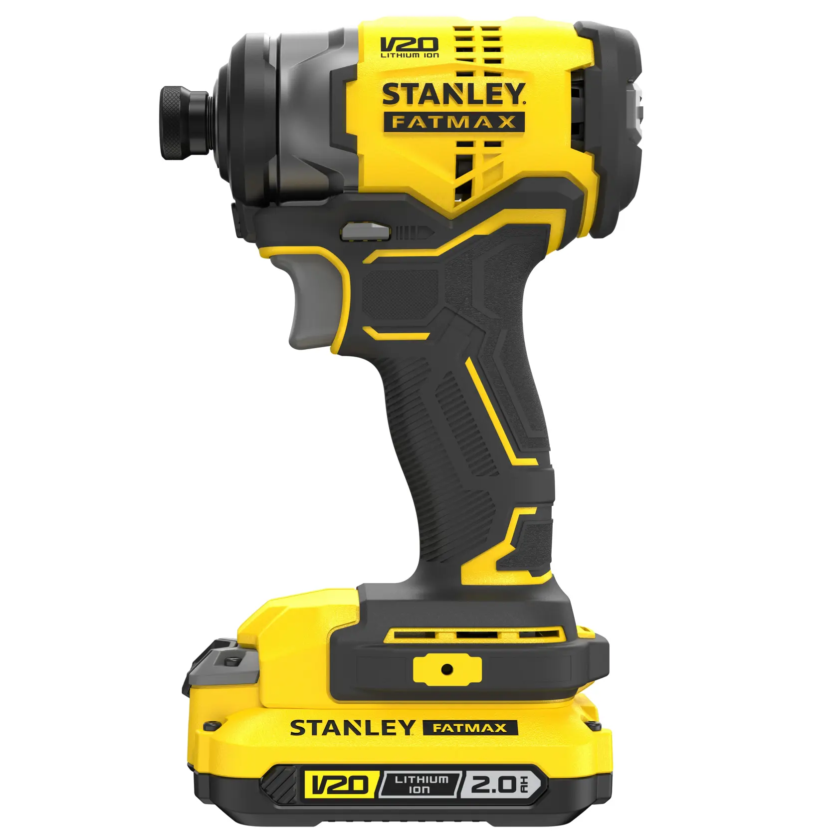 Atornillador de impacto inalámbrico STANLEY SBI810D2K-B3, amarillo y negro, vista lateral sobre fondo blanco.