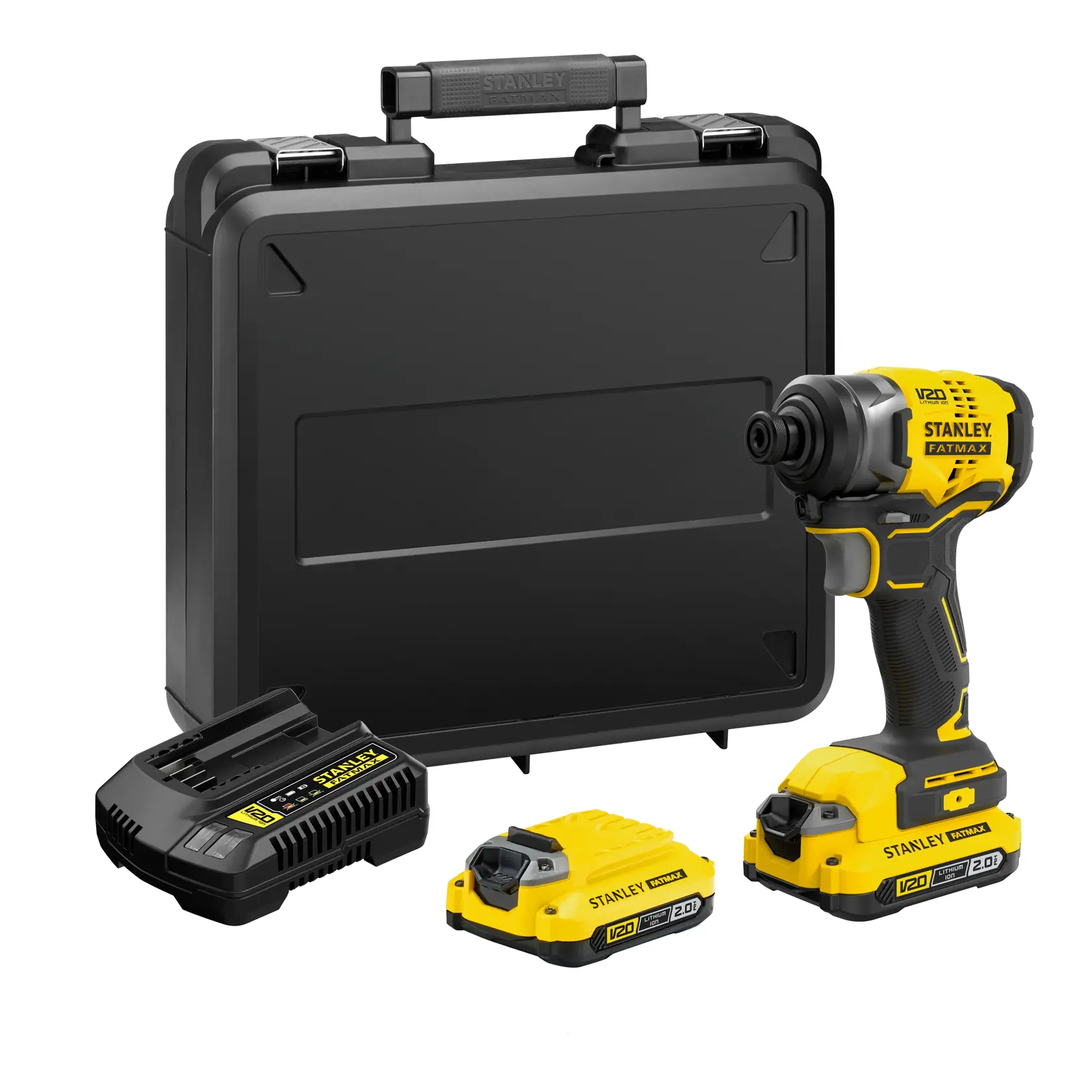 Stanley SBI810D2K-B3 juego de atornillador de impacto inalámbrico con cargador, dos baterías y estuche, vista frontal.